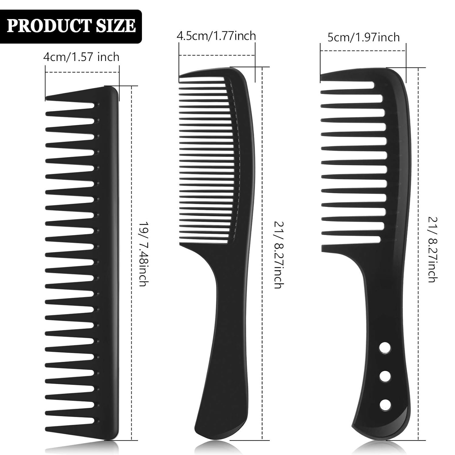 3 Pieces Wide Tooth Detangling Hair Comb Styling Set, Carbon Fiber Styling Cutting Comb Anti Static Heat Resistant for Women Curly Straight Long Hair, Black - Image 2