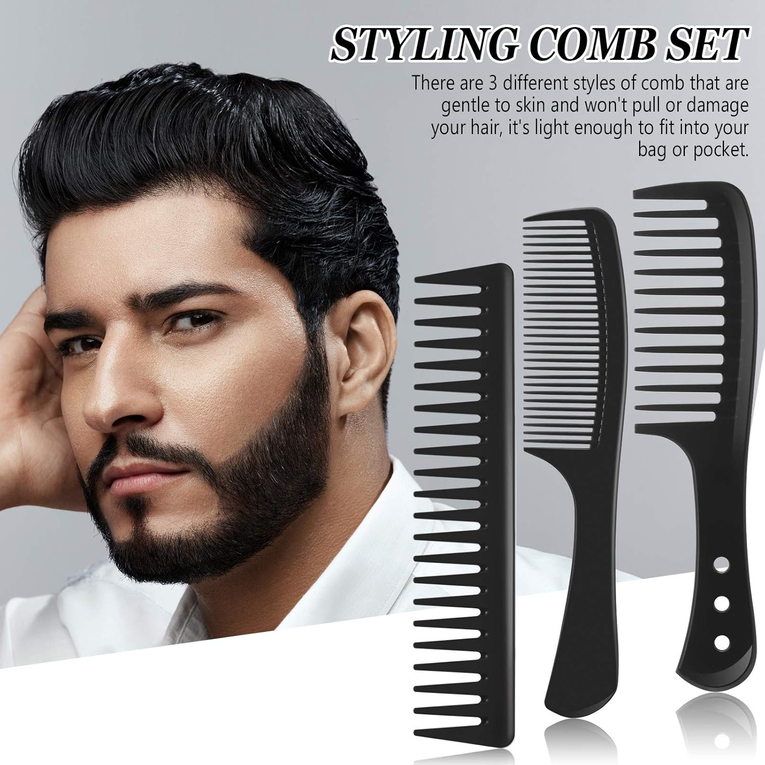 3 Pieces Wide Tooth Detangling Hair Comb Styling Set, Carbon Fiber Styling Cutting Comb Anti Static Heat Resistant for Women Curly Straight Long Hair, Black - Image 4
