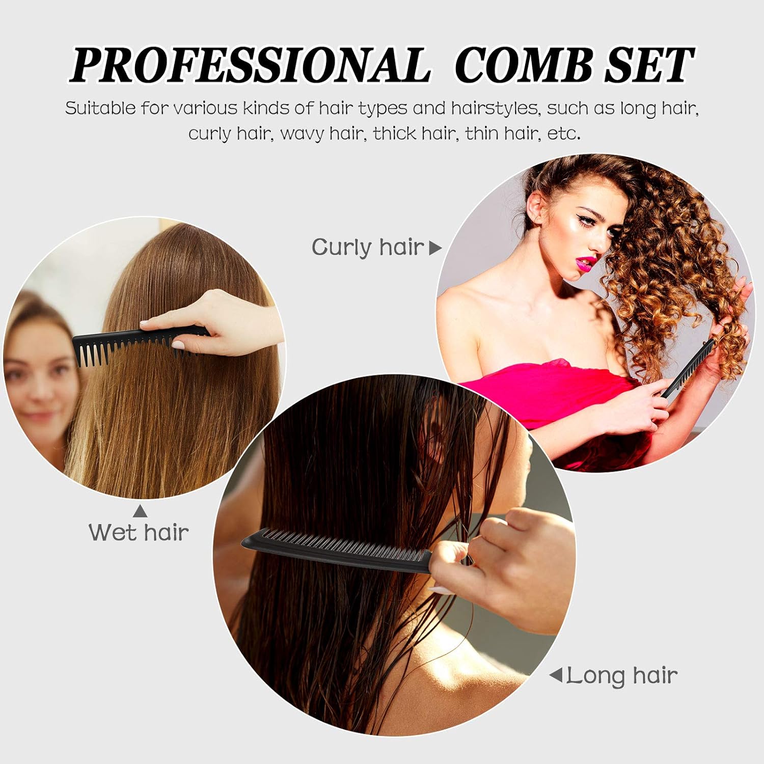 3 Pieces Wide Tooth Detangling Hair Comb Styling Set, Carbon Fiber Styling Cutting Comb Anti Static Heat Resistant for Women Curly Straight Long Hair, Black - Image 6