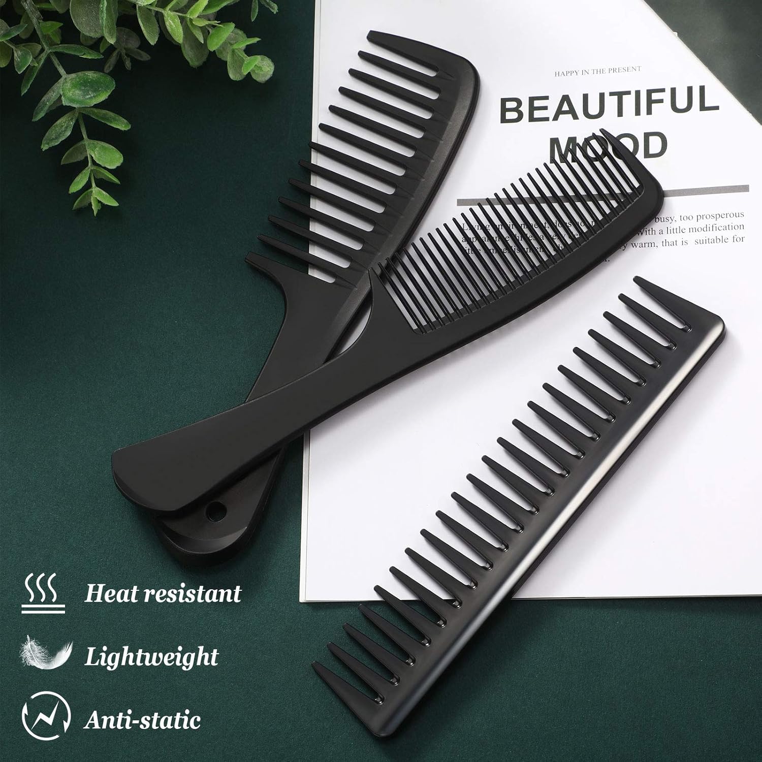 3 Pieces Wide Tooth Detangling Hair Comb Styling Set, Carbon Fiber Styling Cutting Comb Anti Static Heat Resistant for Women Curly Straight Long Hair, Black - Image 7