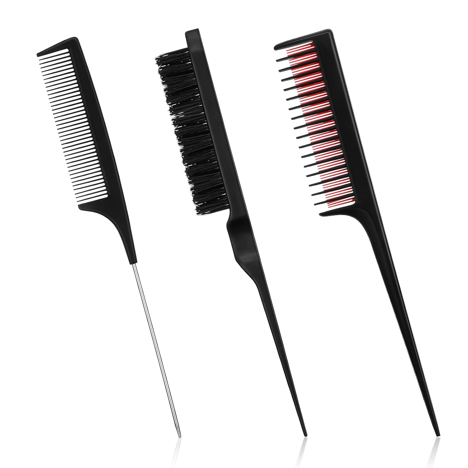 3 Pieces Hair Styling Comb Set for Women's Back Combing - Teasing/Fluffy Brush, Rat Tail Comb, and Triple Combing Comb (Black) - Image 1