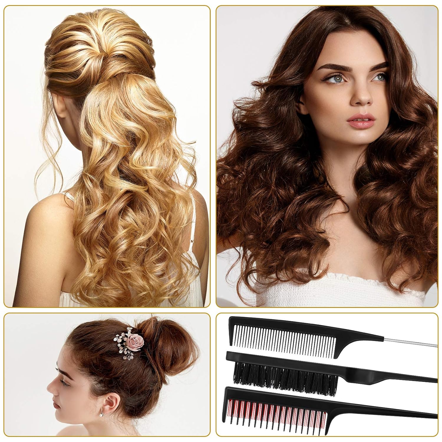 3 Pieces Hair Styling Comb Set for Women's Back Combing - Teasing/Fluffy Brush, Rat Tail Comb, and Triple Combing Comb (Black) - Image 6