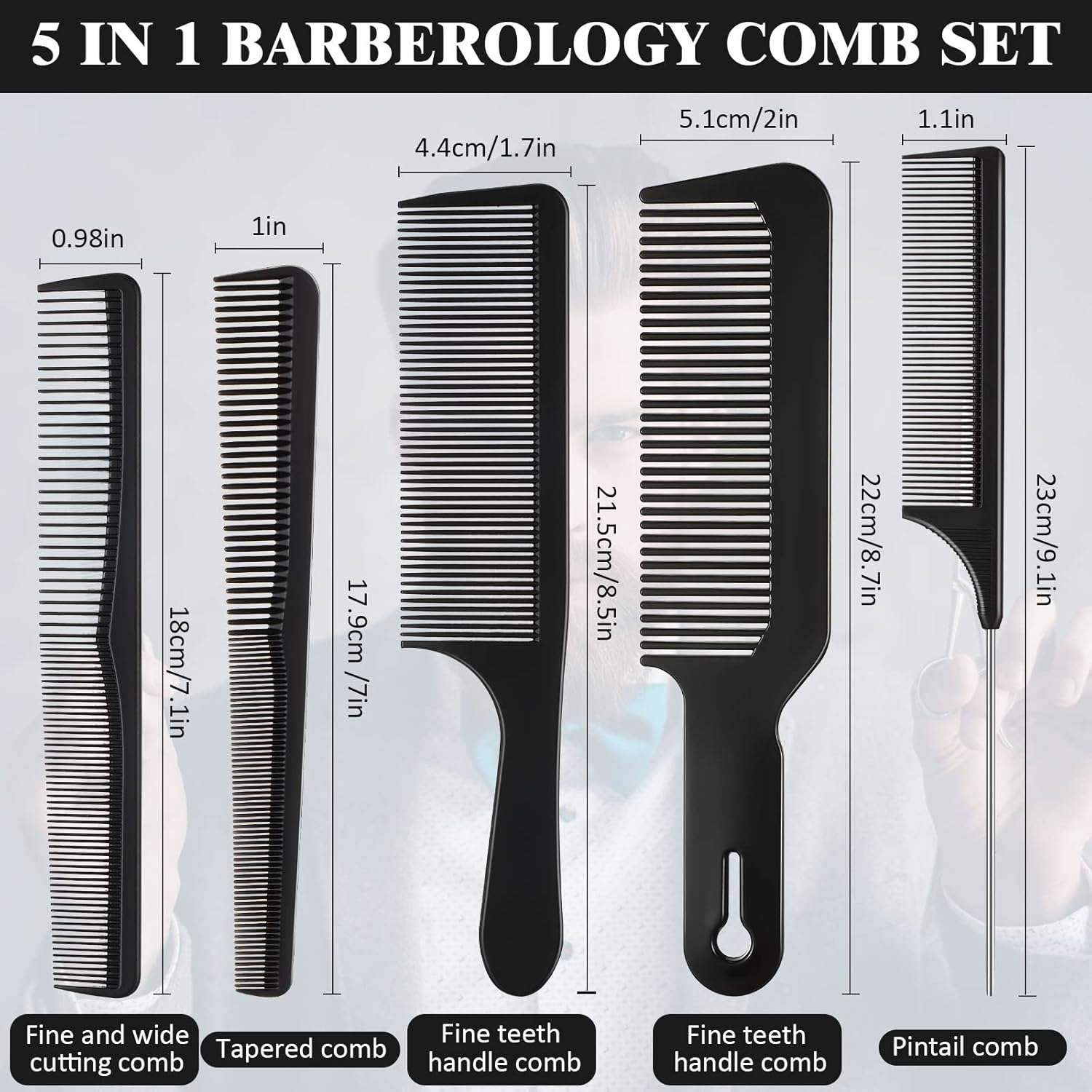 5 Pieces Hair Cutting Comb Set, Carbon Fiber Barber Comb Hair Styling Combs Fine Teeth Anti Static Heat Resistant Hairdressing Tapered Comb for Men Women - Image 2