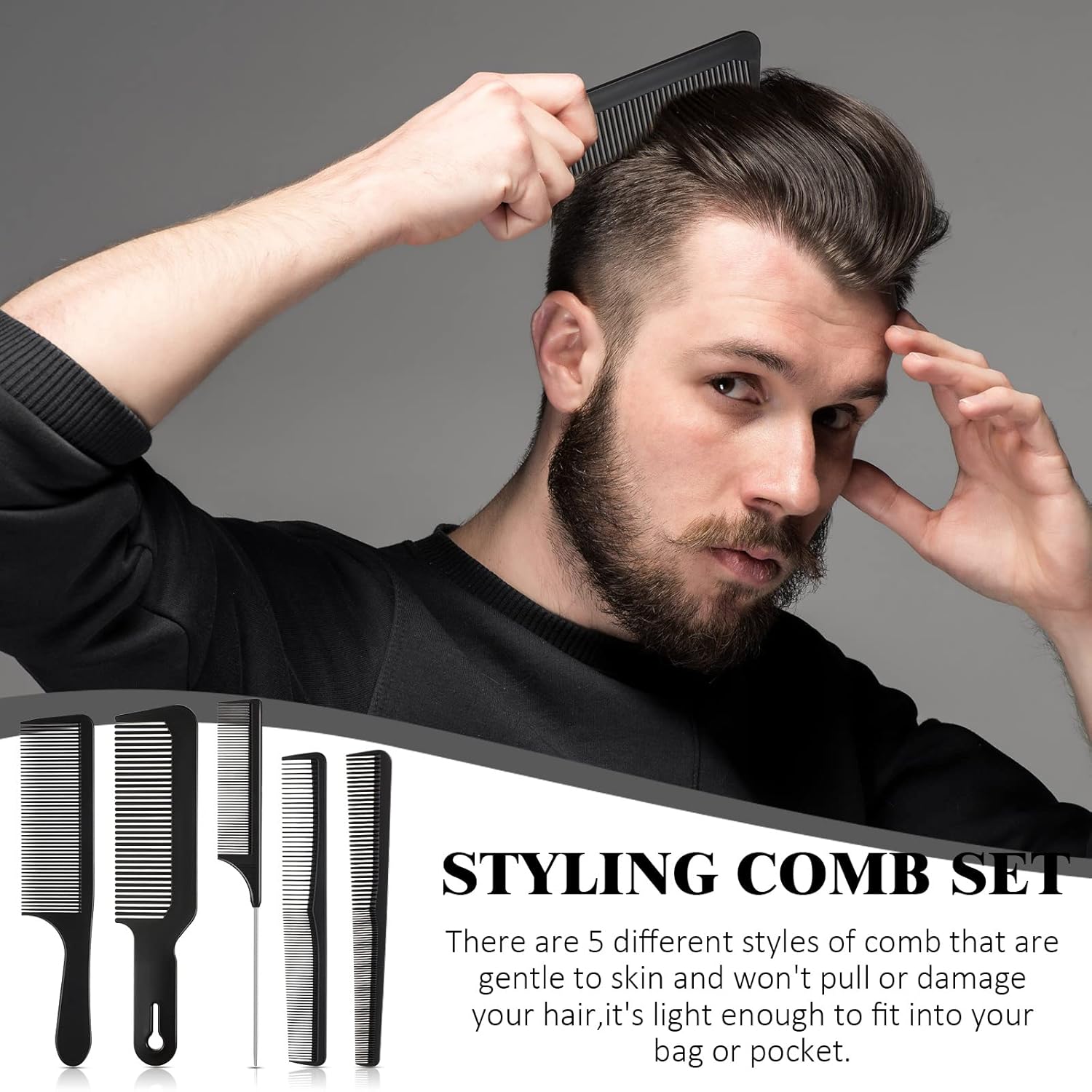 5 Pieces Hair Cutting Comb Set, Carbon Fiber Barber Comb Hair Styling Combs Fine Teeth Anti Static Heat Resistant Hairdressing Tapered Comb for Men Women - Image 4