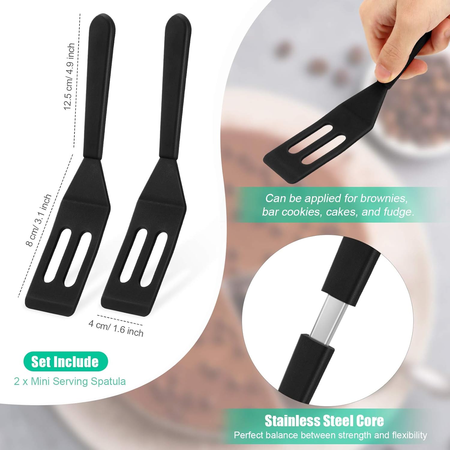 Mini Brownie Serving Spatula Flexible Nonstick Silicone Serve Turner Heat-Resistant Cookie Slotted Spatula for Flip Egg in Small Frying Pan Cookie Batter Lemon Squares(Black,2 Pieces) - Image 2