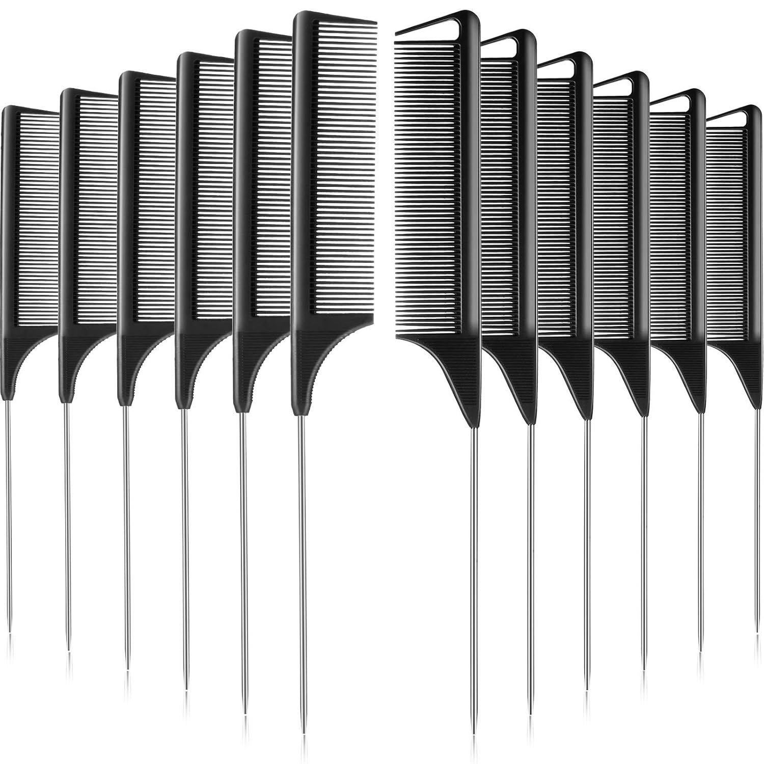 12 Pieces Rat Tail Comb Carbon Fiber Parting Set, Stainless Steel Tail Hair Comb Heat Resistant Teasing for Braid Hair Salon Home Use - Image 1