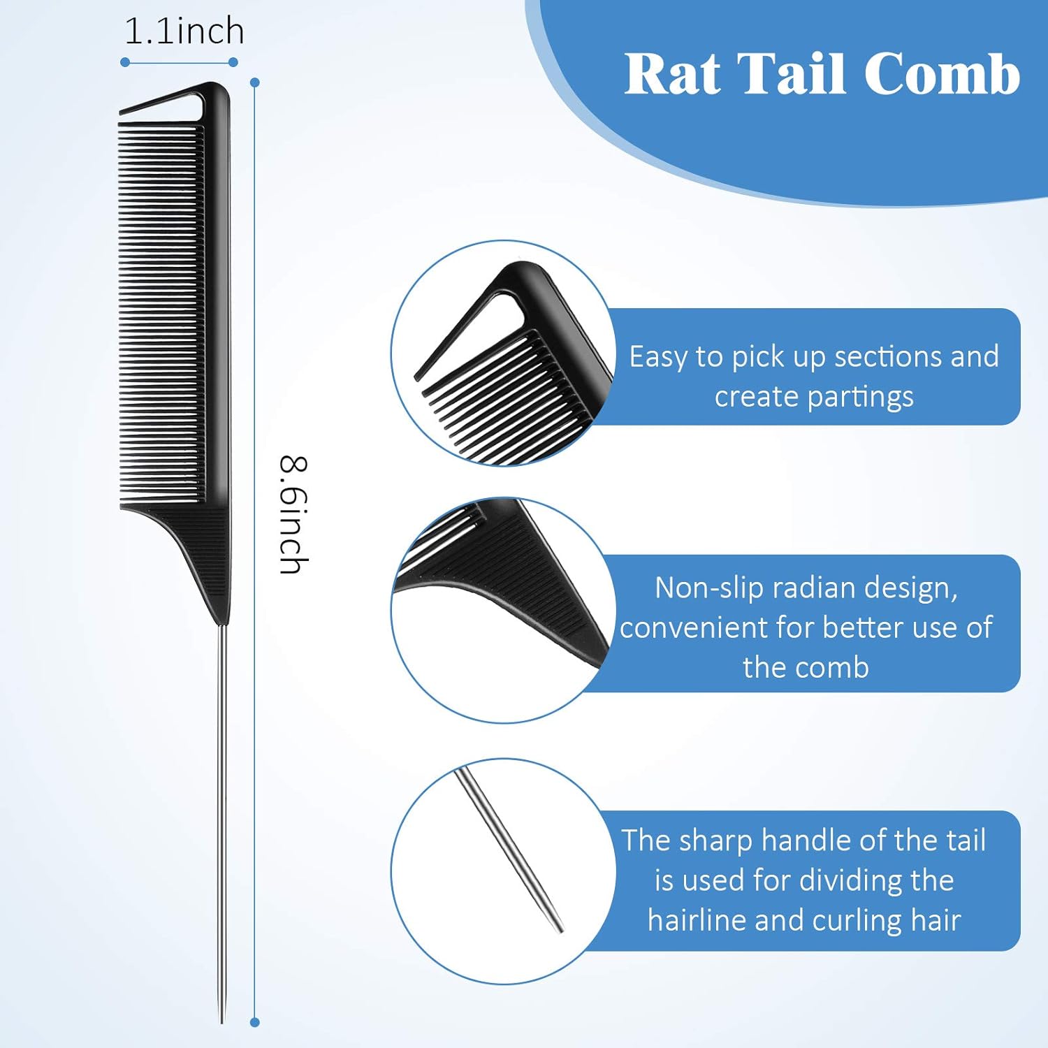 12 Pieces Rat Tail Comb Carbon Fiber Parting Set, Stainless Steel Tail Hair Comb Heat Resistant Teasing for Braid Hair Salon Home Use - Image 2