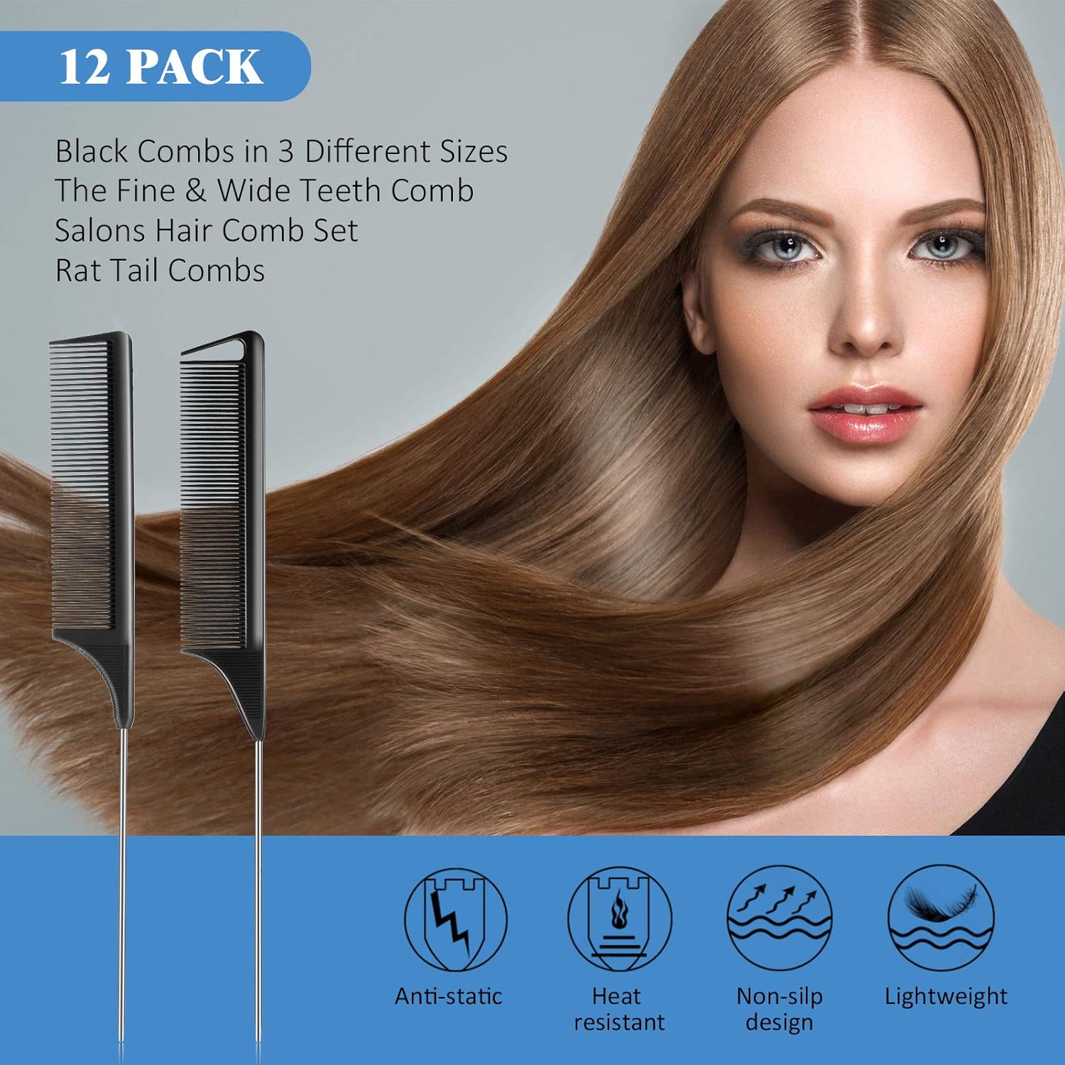12 Pieces Rat Tail Comb Carbon Fiber Parting Set, Stainless Steel Tail Hair Comb Heat Resistant Teasing for Braid Hair Salon Home Use - Image 4