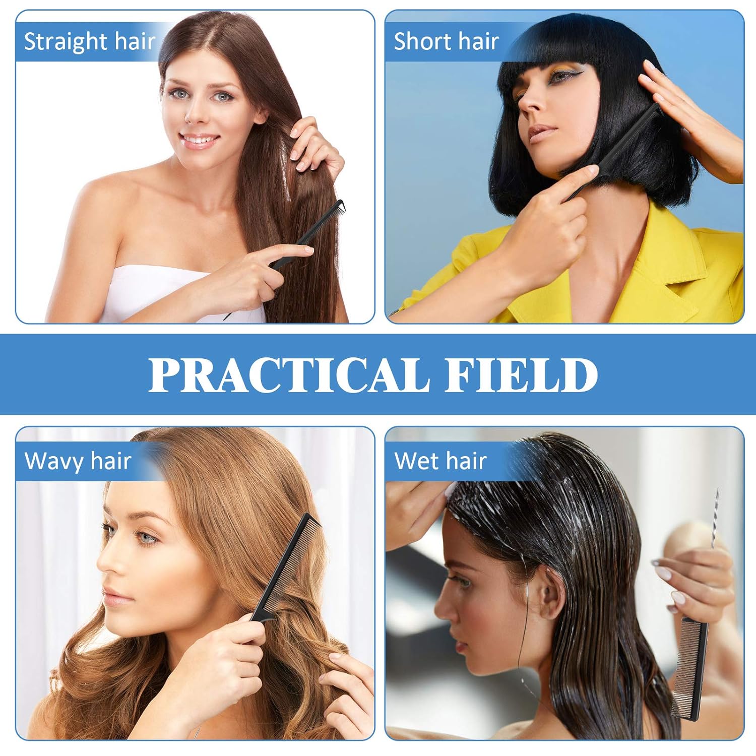12 Pieces Rat Tail Comb Carbon Fiber Parting Set, Stainless Steel Tail Hair Comb Heat Resistant Teasing for Braid Hair Salon Home Use - Image 6