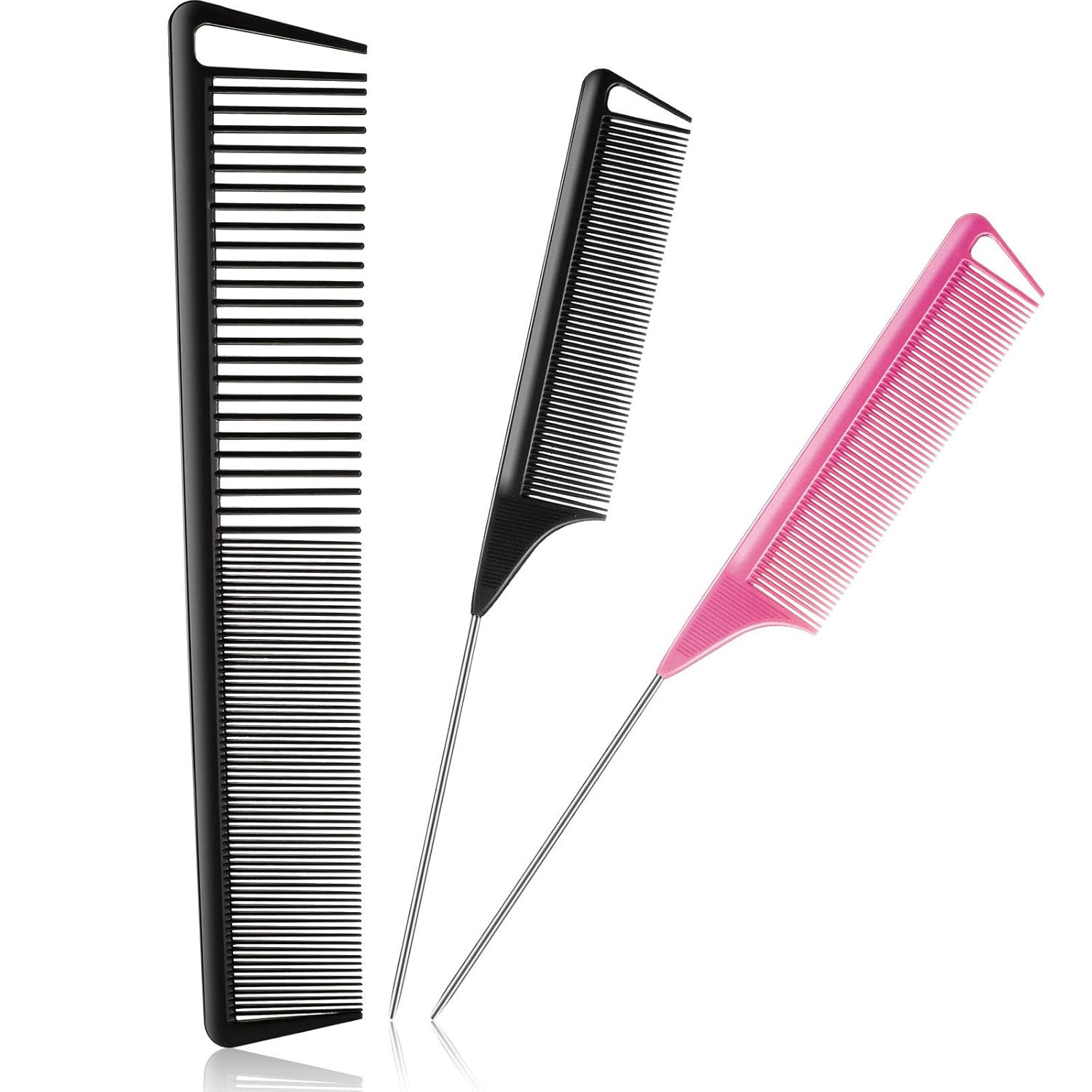 3 Pcs Rat Tail Parting Comb for Braids Carbon Fiber Stainless Steel Pintail Teasing Combs Heat Resistant with Wide Tooth for Men and Women, Hair Stylist, Salon Hairdressing Hair Care Tools - Image 1