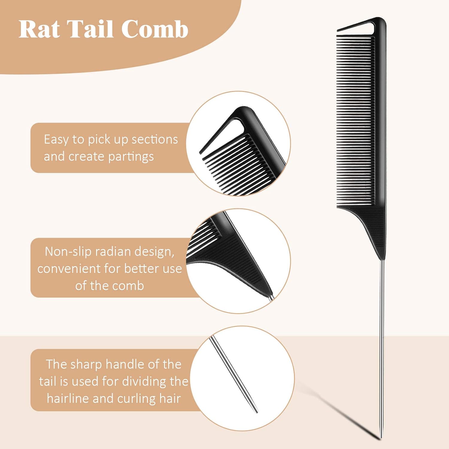 3 Pcs Rat Tail Parting Comb for Braids Carbon Fiber Stainless Steel Pintail Teasing Combs Heat Resistant with Wide Tooth for Men and Women, Hair Stylist, Salon Hairdressing Hair Care Tools - Image 4