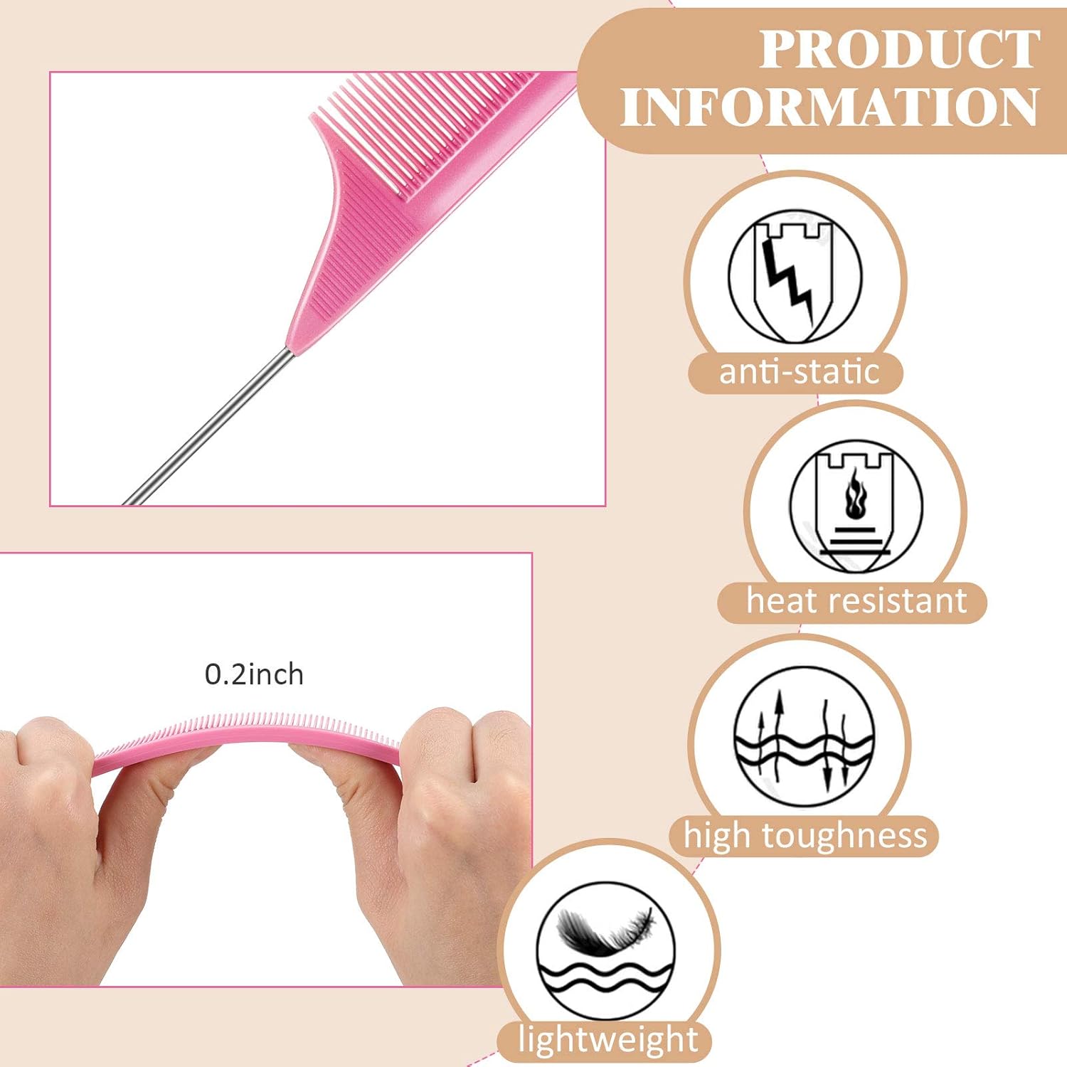 3 Pcs Rat Tail Parting Comb for Braids Carbon Fiber Stainless Steel Pintail Teasing Combs Heat Resistant with Wide Tooth for Men and Women, Hair Stylist, Salon Hairdressing Hair Care Tools - Image 5