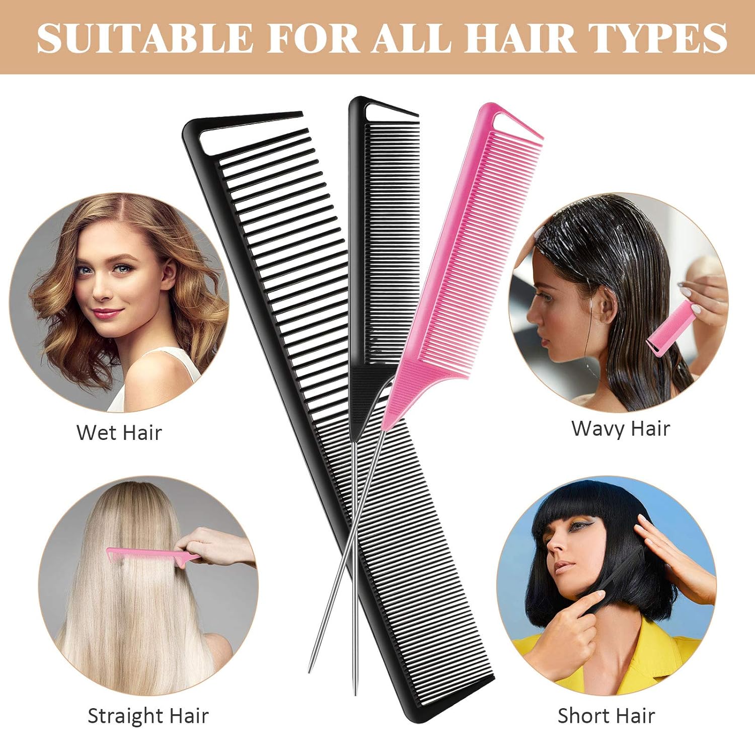 3 Pcs Rat Tail Parting Comb for Braids Carbon Fiber Stainless Steel Pintail Teasing Combs Heat Resistant with Wide Tooth for Men and Women, Hair Stylist, Salon Hairdressing Hair Care Tools - Image 6