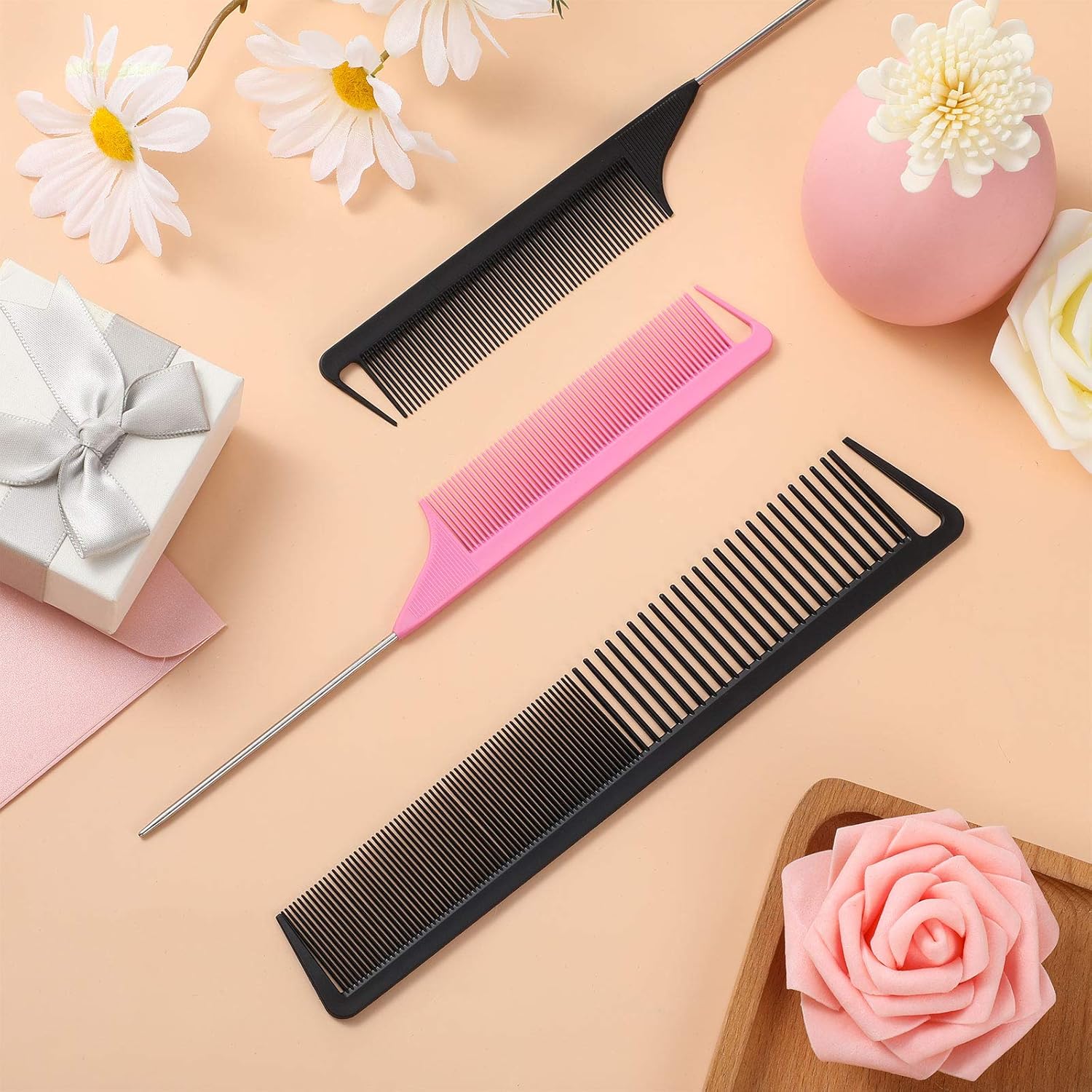 3 Pcs Rat Tail Parting Comb for Braids Carbon Fiber Stainless Steel Pintail Teasing Combs Heat Resistant with Wide Tooth for Men and Women, Hair Stylist, Salon Hairdressing Hair Care Tools - Image 7
