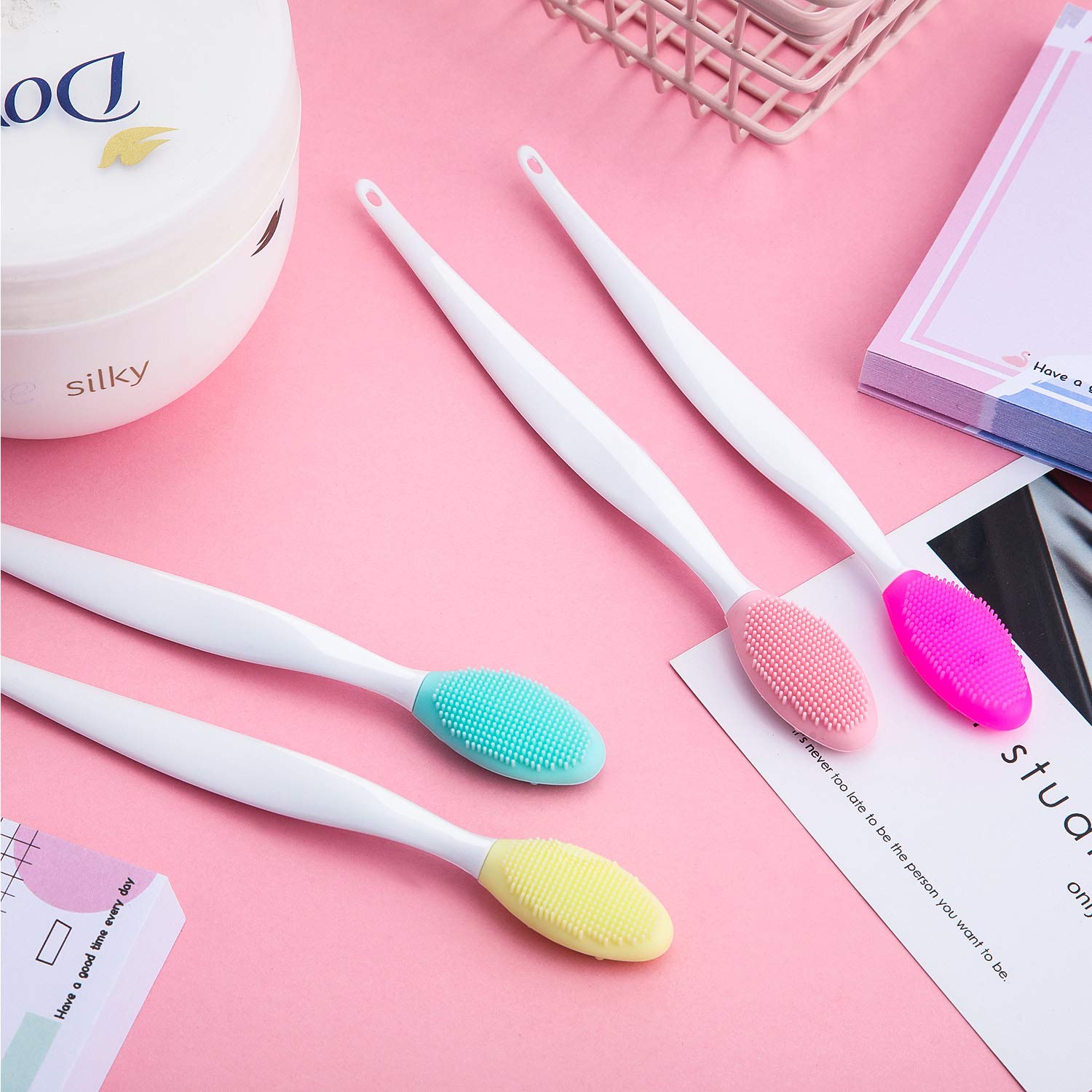 4 Pieces Silicone Exfoliating Lip Brush Tool Double-sided Soft Lip Brush for Smoother and Fuller Lip Appearance (Rose Red, Yellow, Mint Green, Pink) - Image 7
