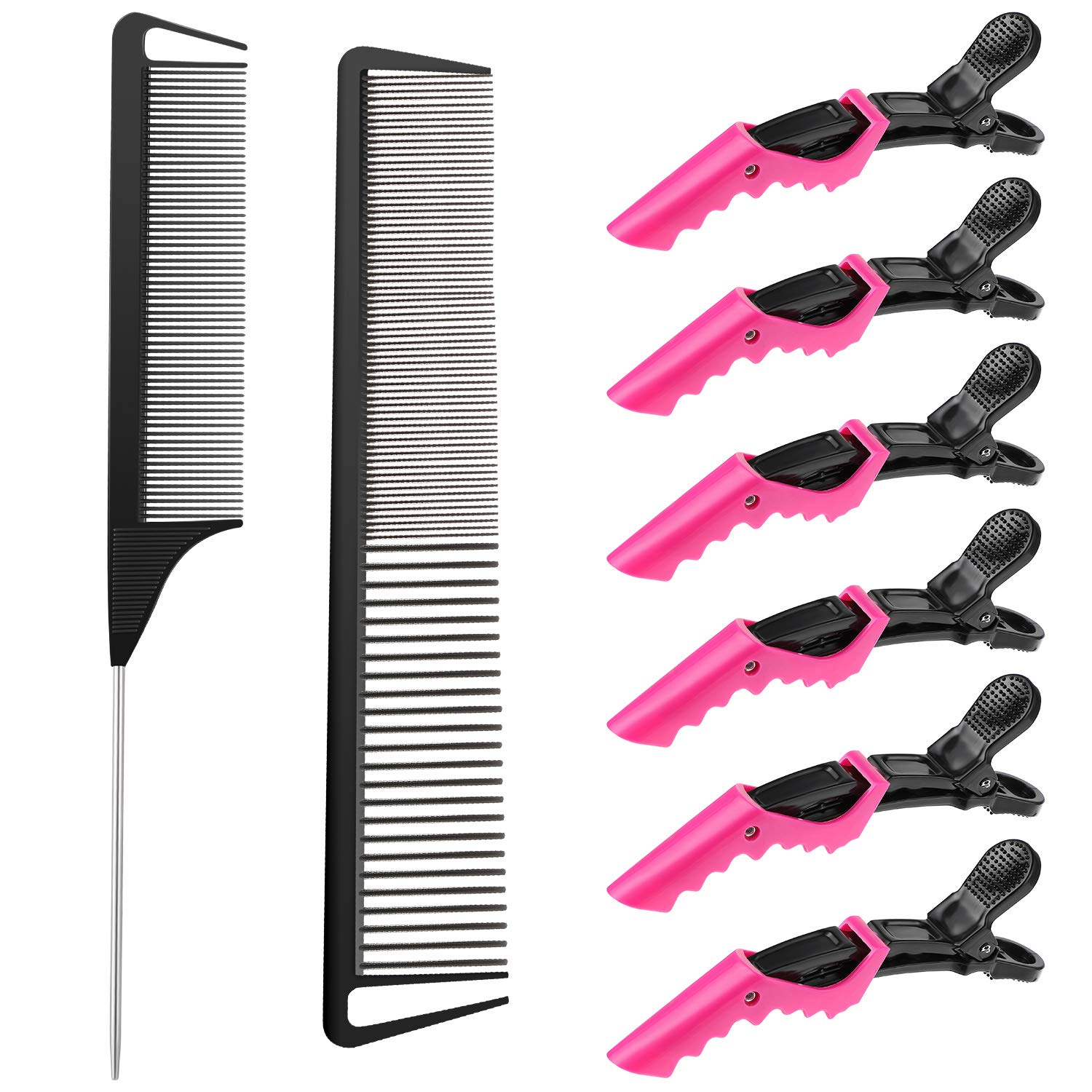 Hair Comb Set, 8 Pieces Rat Tail Combs, Teasing Combs, and Hand-held Alligator Clips, Carbon Fiber & Metal, for Hair Stylist, Braiding, Hair Women Girls, Daily Use - Image 1