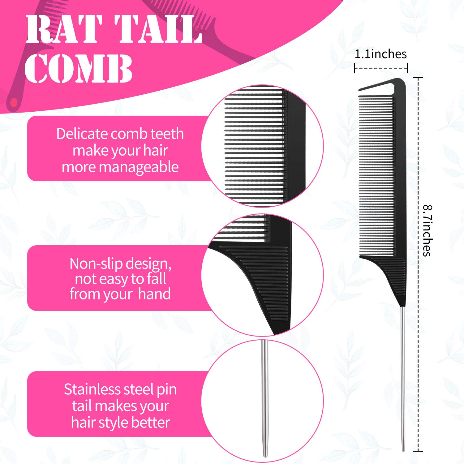 Hair Comb Set, 8 Pieces Rat Tail Combs, Teasing Combs, and Hand-held Alligator Clips, Carbon Fiber & Metal, for Hair Stylist, Braiding, Hair Women Girls, Daily Use - Image 4