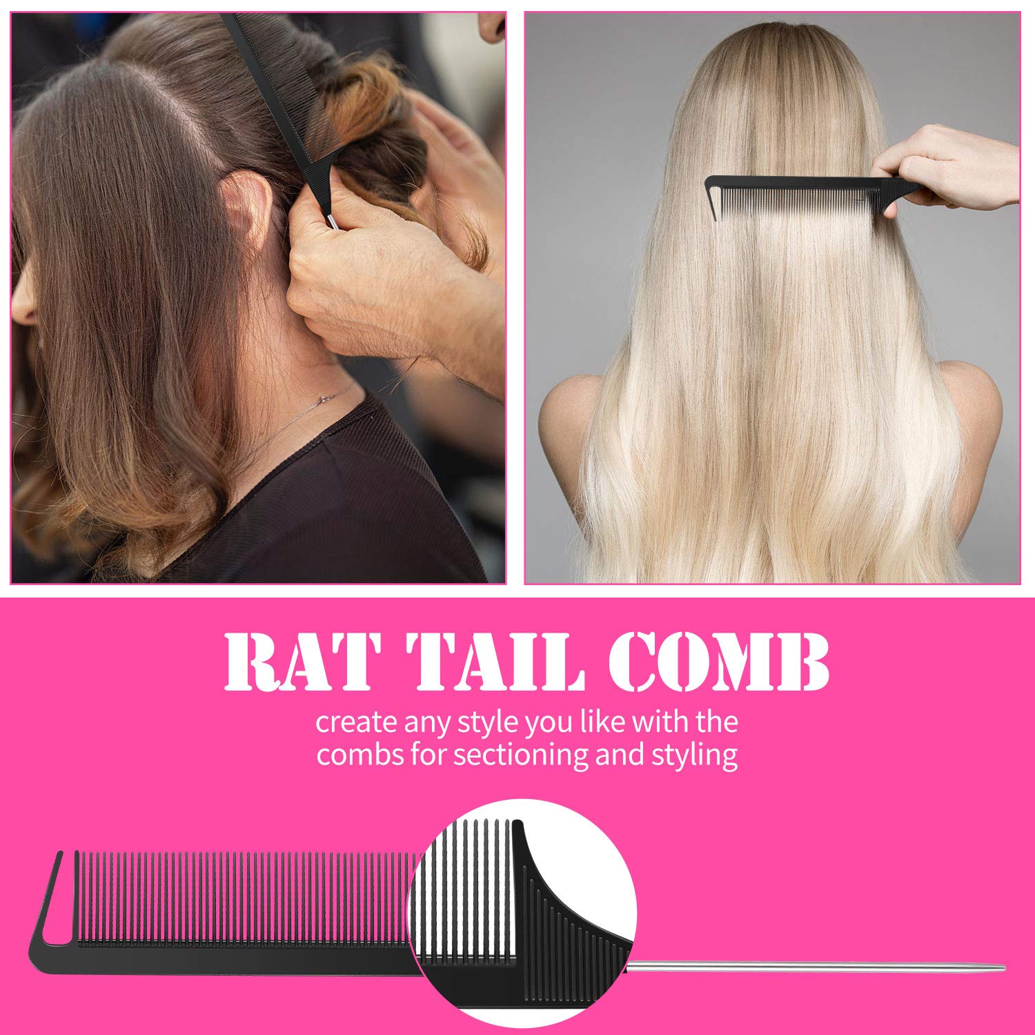 Hair Comb Set, 8 Pieces Rat Tail Combs, Teasing Combs, and Hand-held Alligator Clips, Carbon Fiber & Metal, for Hair Stylist, Braiding, Hair Women Girls, Daily Use - Image 5