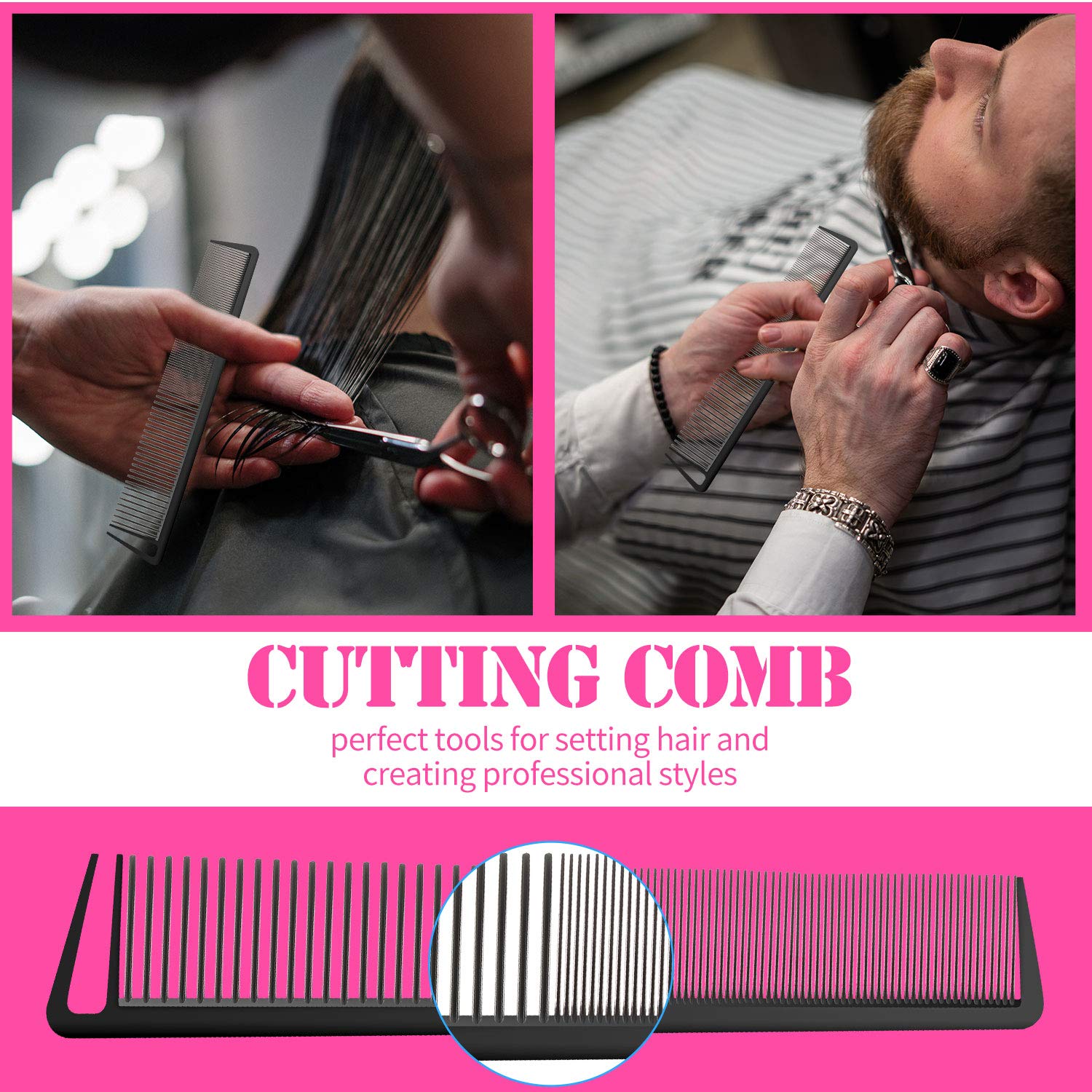 Hair Comb Set, 8 Pieces Rat Tail Combs, Teasing Combs, and Hand-held Alligator Clips, Carbon Fiber & Metal, for Hair Stylist, Braiding, Hair Women Girls, Daily Use - Image 6