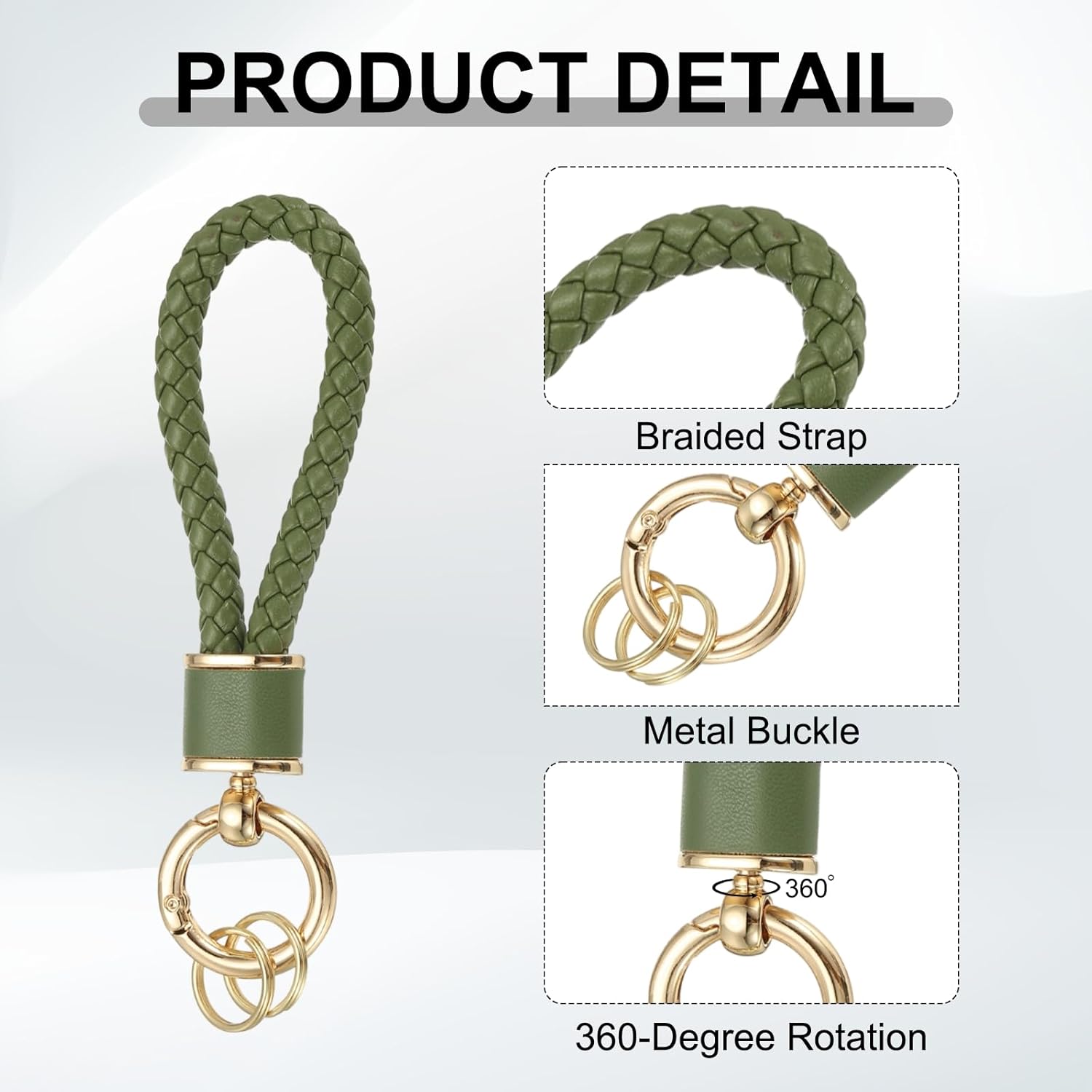 Braided Leather Keychain, Keychain Ring Woven Strap Lanyard Strap with 360 Degree Rotatable for Car Key Bag Wallet - Image 3