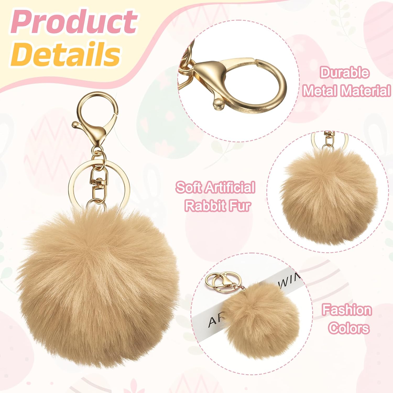 Pom Pom Keychain, Faux Rabbit Fur Fluffy Pompoms Keyring for Women Purse Handbag Bag Pendant DIY Crafts - Image 3