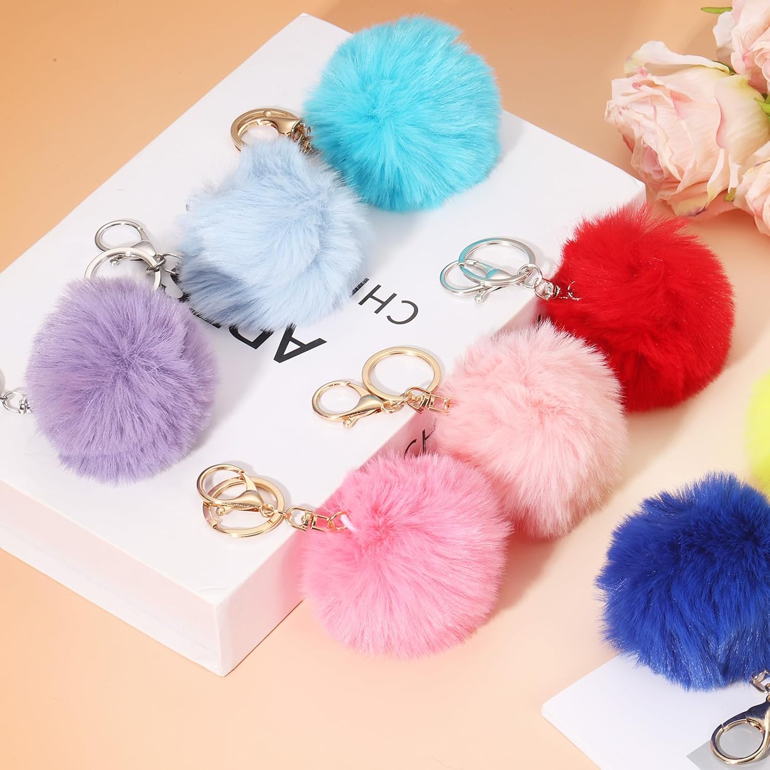 Pom Pom Keychain, Faux Rabbit Fur Fluffy Pompoms Keyring for Women Purse Handbag Bag Pendant DIY Crafts - Image 5