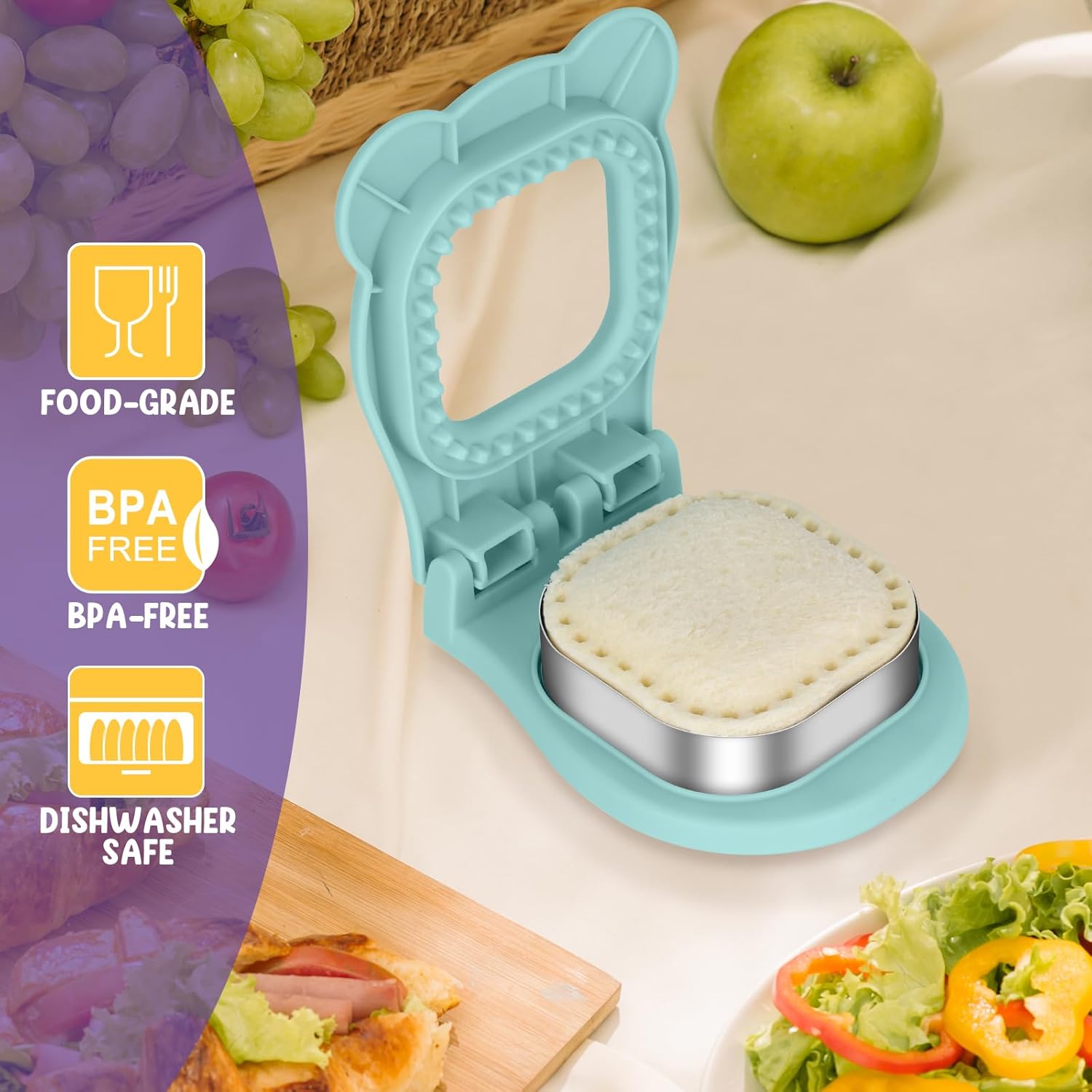 Uncrustable Sandwich Cutter Maker – Sandwich Sealer and Cutter for Lunchbox and Breakfast, Square Shape, Light Blue - Image 2