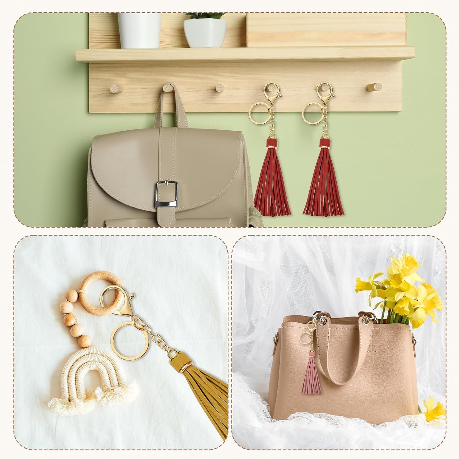 Leather Keychain Tassels, Women Tassel Bag Charm with Lobster Clasp Key Ring for Handbag Purse - Image 5