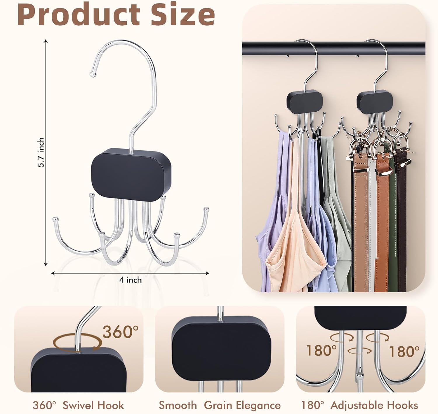 3 Pack Tank Top Hangers, 2026 Upgraded Bra Hanger for Closet Organizer & Storage, 360° Rotating & Foldable Design, Wooden Space-Saving Hanger for Tank Tops, Bras and More (Black) - Image 3