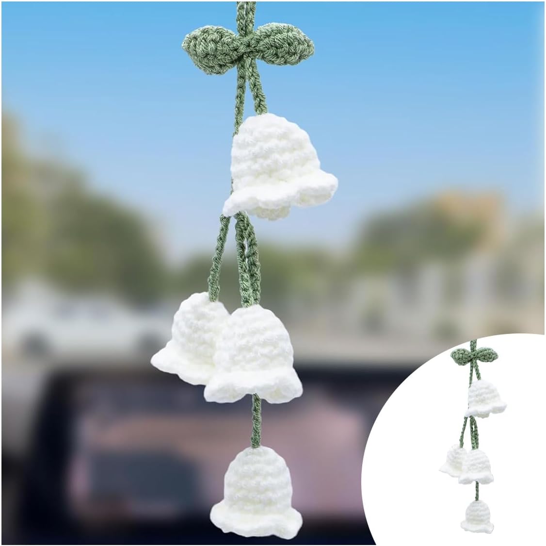 Car Mirror Hanging Accessories, Cute Crochet Suzuran Car Rearview Mirror Charm, Handmade Knitting, Fit for Backpack, Keychain (White) - Image 1