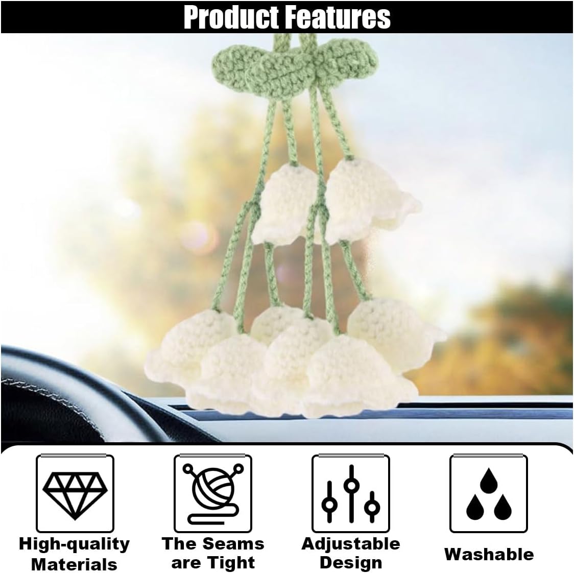 Car Mirror Hanging Accessories, Cute Crochet Suzuran Car Rearview Mirror Charm, Handmade Knitting, Fit for Backpack, Keychain (White) - Image 3
