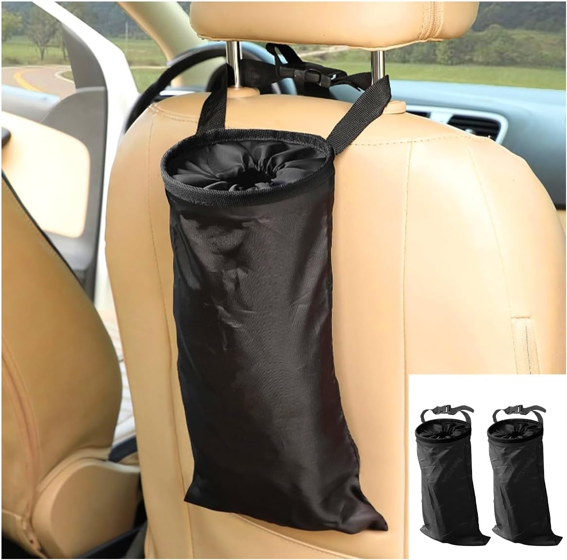 2PCS Car Trash Bag, Auto Portable Trash Can Universal Hanging Car Garbage Bag, Waterproof Garbage Can with Elastic Opening, Car Organizer Auto Accessories for Car, Home, Outdoor - Image 1