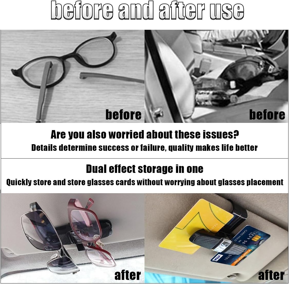 2PCS Glasses Holders for Car Sun Visor, Glasses Clip Organizer, Sunglasses Eyeglasses Mount with Ticket Card, Car Sun Visor Double-Ends Clip, 180 Degree Rotational Car Glasses Holder - Image 5