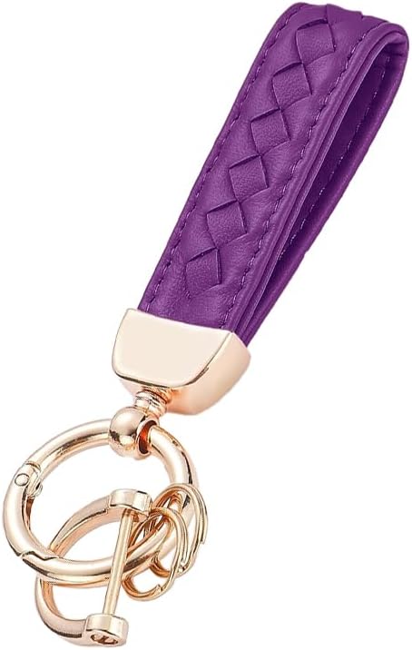 Genuine Leather Car Keychain, 360 Degree Rotatable Handmade Knit Sheepskin Keychain, Key Fob Holder with Anti-Lost D-Ring (Purple) - Image 1