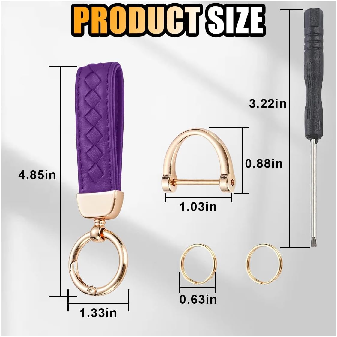 Genuine Leather Car Keychain, 360 Degree Rotatable Handmade Knit Sheepskin Keychain, Key Fob Holder with Anti-Lost D-Ring (Purple) - Image 2
