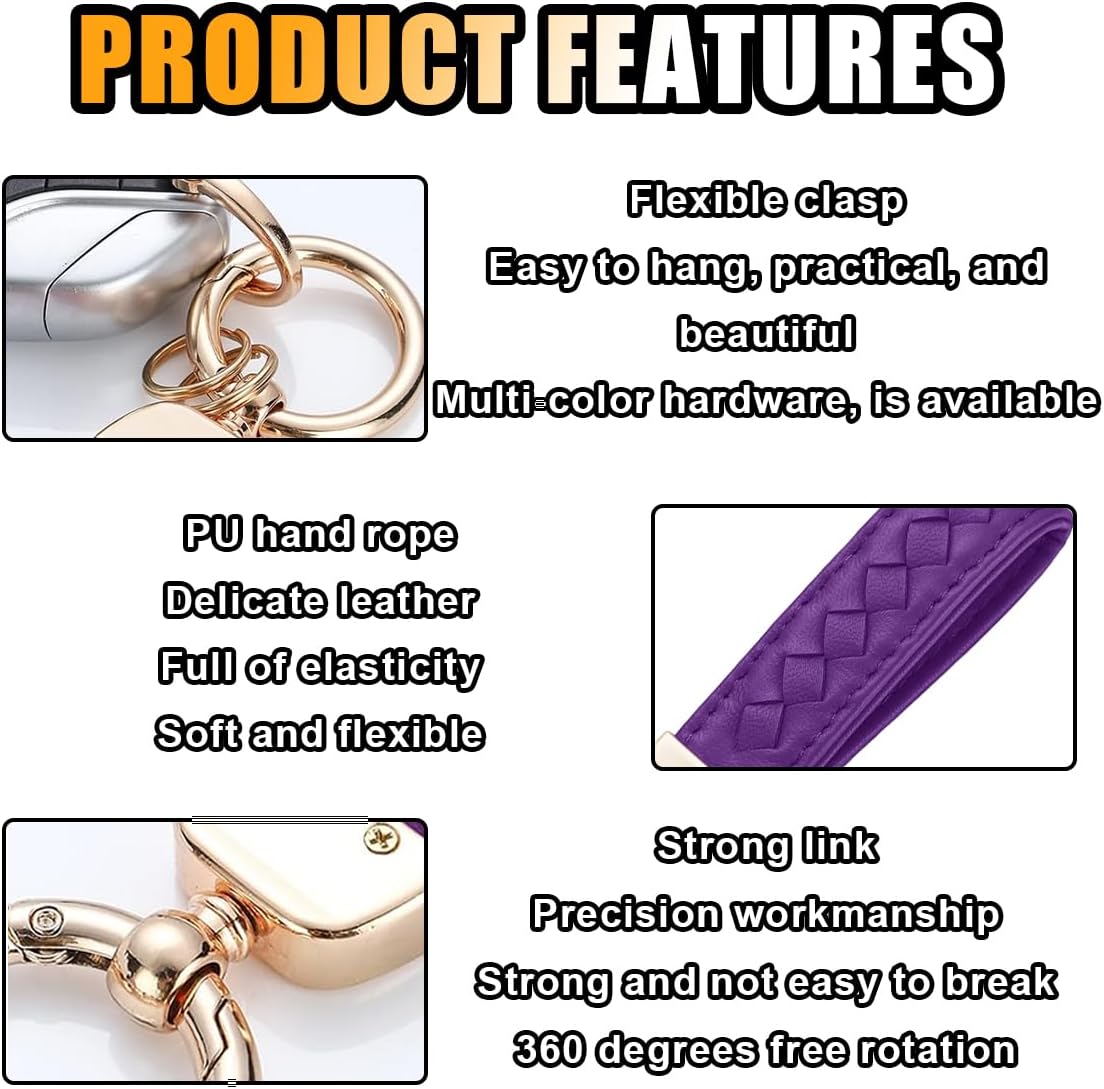 Genuine Leather Car Keychain, 360 Degree Rotatable Handmade Knit Sheepskin Keychain, Key Fob Holder with Anti-Lost D-Ring (Purple) - Image 4