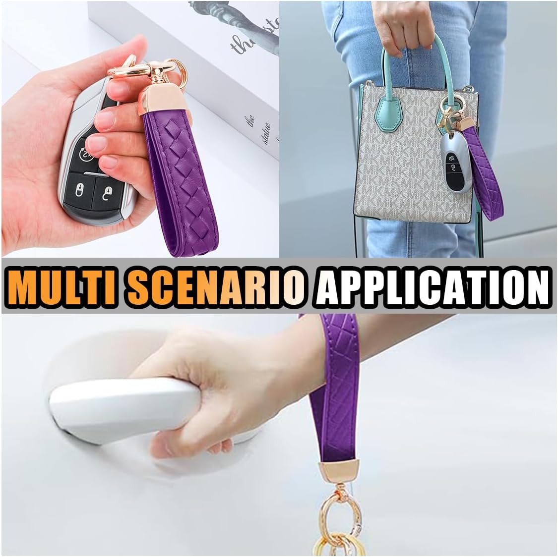 Genuine Leather Car Keychain, 360 Degree Rotatable Handmade Knit Sheepskin Keychain, Key Fob Holder with Anti-Lost D-Ring (Purple) - Image 5