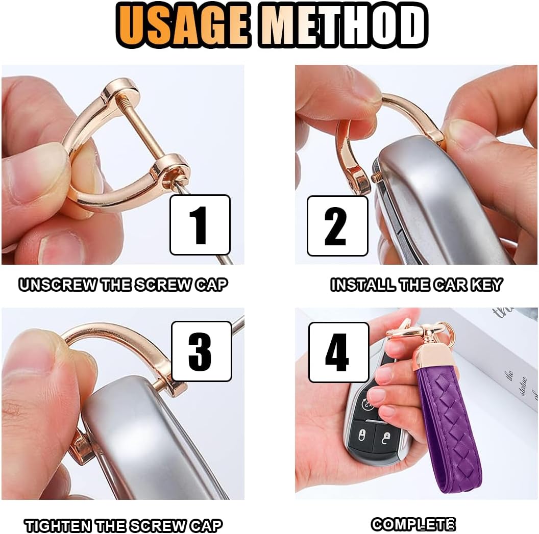 Genuine Leather Car Keychain, 360 Degree Rotatable Handmade Knit Sheepskin Keychain, Key Fob Holder with Anti-Lost D-Ring (Purple) - Image 6