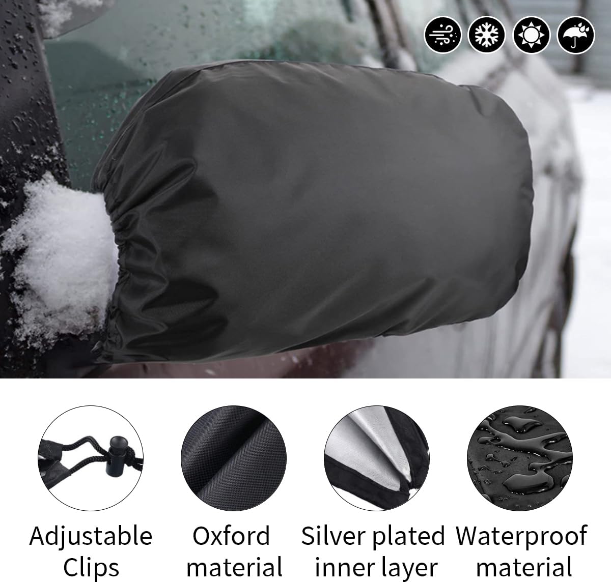 4PCS Car Side Mirror Covers - Waterproof Snow Mirror Cover Protects from Ice Snow Frost Dew Rain Bird Poop - Silver Coated Rearview Protection Cover Winter Snowproof Accessories for Cars Trucks SUVs - Image 3
