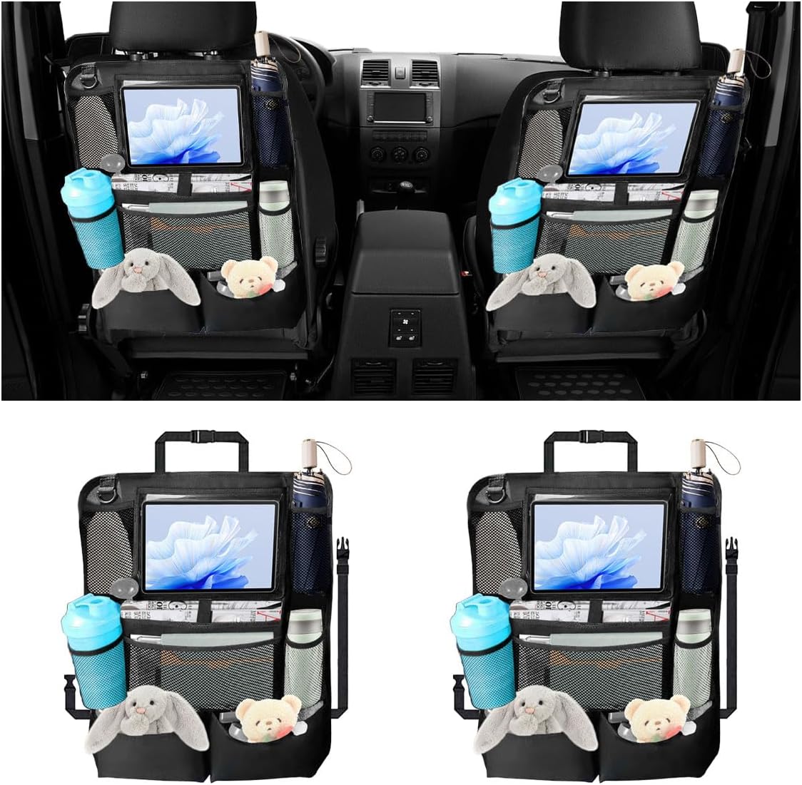 2PCS Car Backseat Organizer, Automotive Kick Mats Back Seat Protector for Kids, Vehicle Storage Organizer with 9 Pockets & Touch Screen Tablet Holder, Auto Travel Accessories for Truck SUV (Black) - Image 1