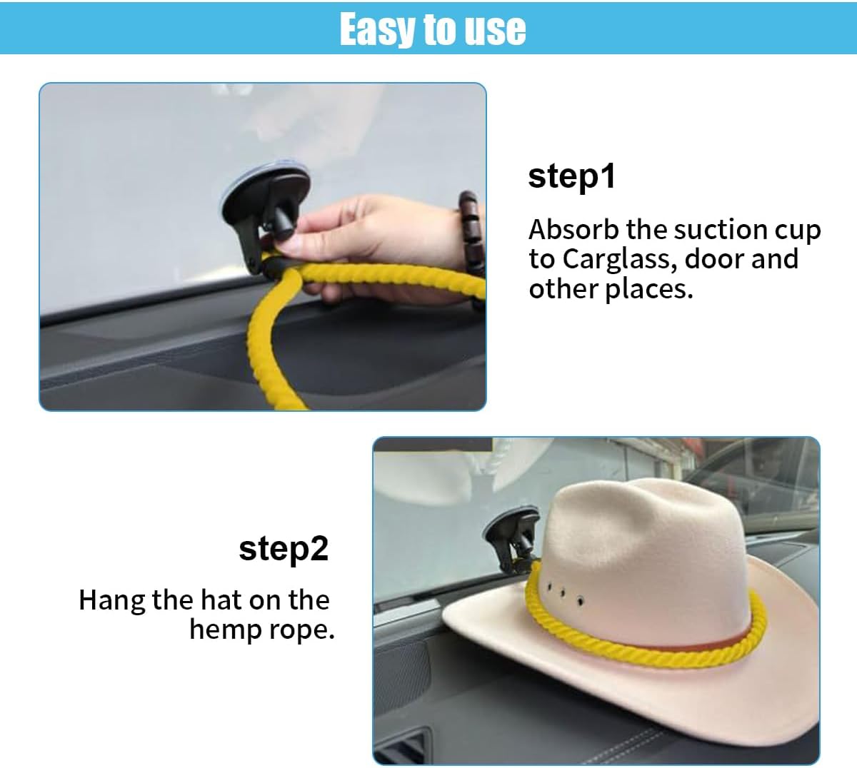 Hat Mounts for Cars, Handmade Rope Cowboy Hat Holder with Suction Cup, Hat Holder Rack to Keeps Your Hat On The Dash, Auto Universal Interior Accessories for Truck, SUV, Car (Yellow) - Image 3