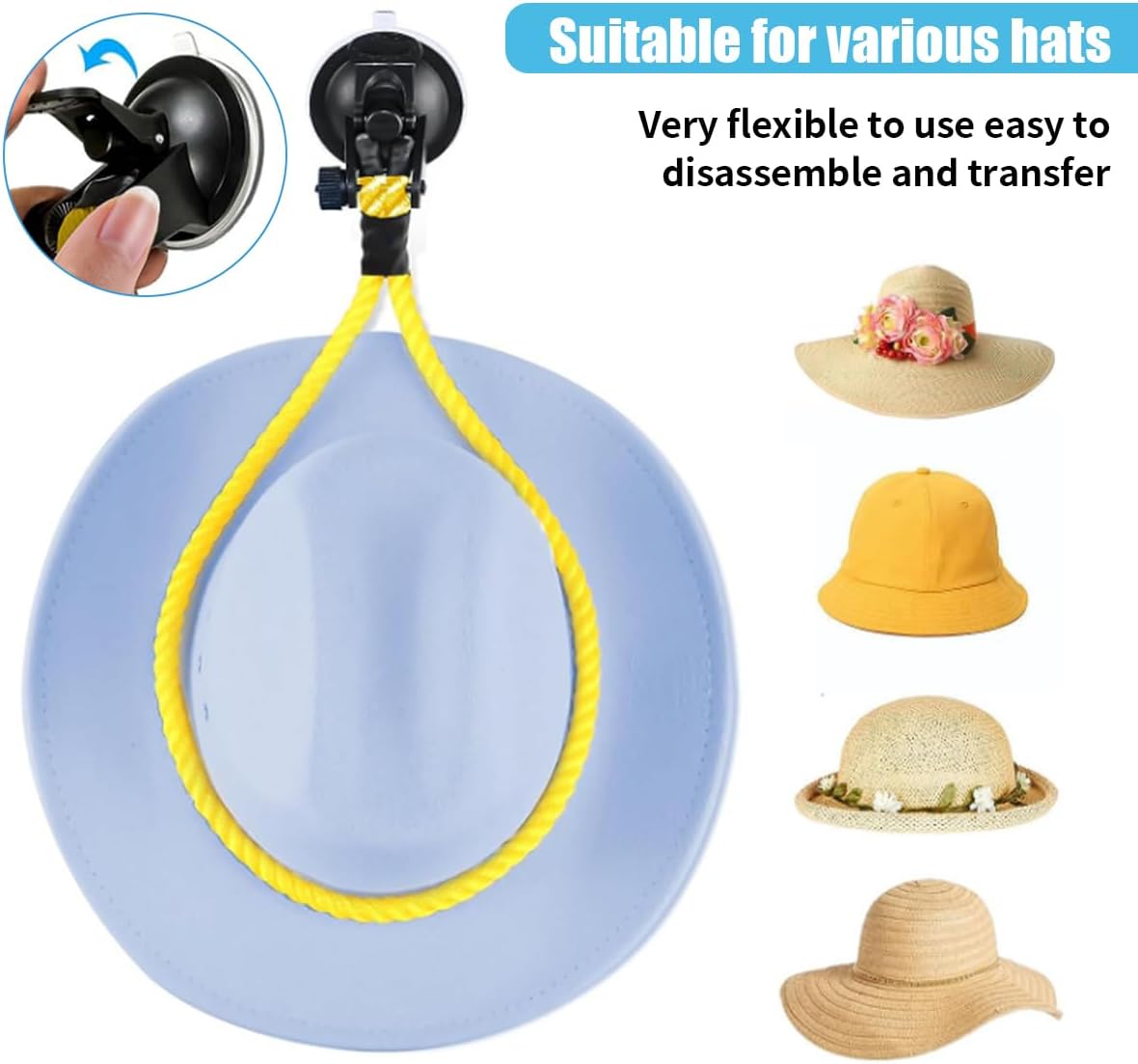 Hat Mounts for Cars, Handmade Rope Cowboy Hat Holder with Suction Cup, Hat Holder Rack to Keeps Your Hat On The Dash, Auto Universal Interior Accessories for Truck, SUV, Car (Yellow) - Image 5
