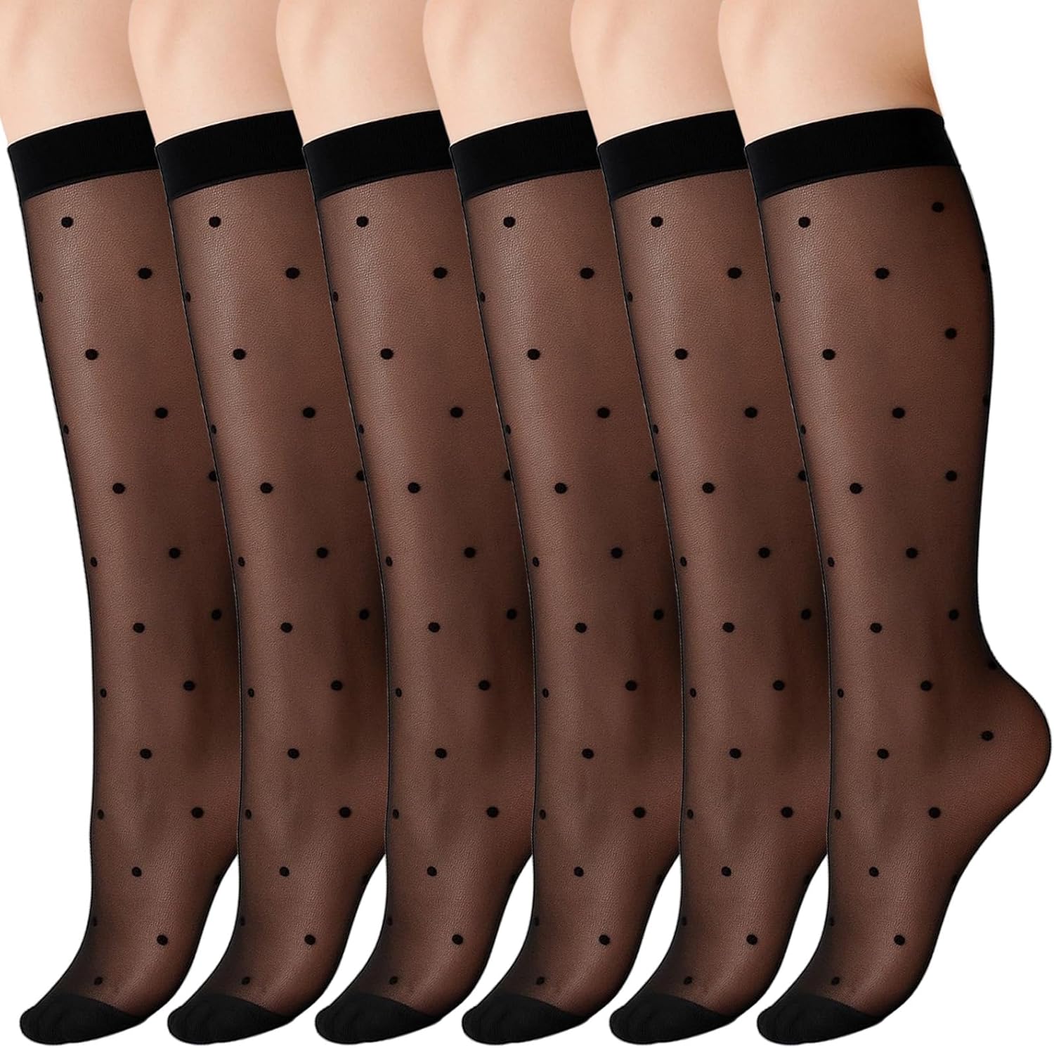 3 Pairs Women's Sheer Knee High Stockings, Black Dot Sheer Thin Socks, Stretchy Breathable Knee High Socks - Image 1