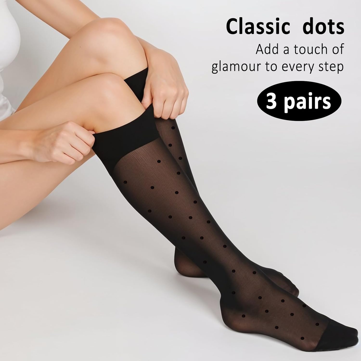 3 Pairs Women's Sheer Knee High Stockings, Black Dot Sheer Thin Socks, Stretchy Breathable Knee High Socks - Image 2