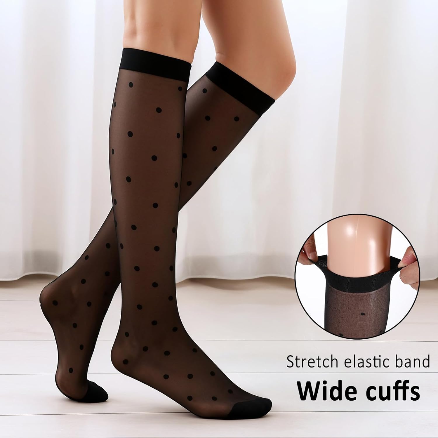 3 Pairs Women's Sheer Knee High Stockings, Black Dot Sheer Thin Socks, Stretchy Breathable Knee High Socks - Image 5