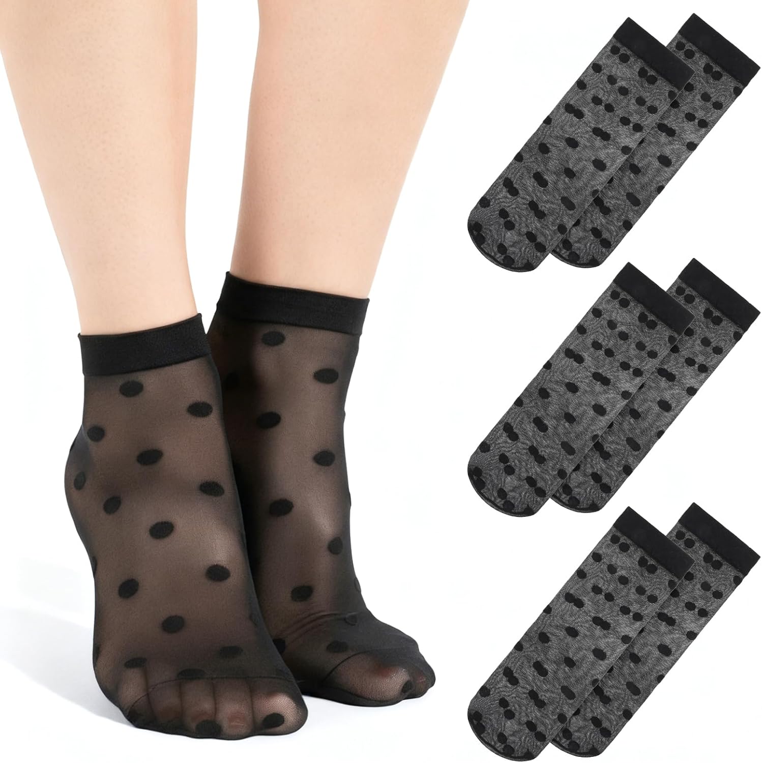 3 Pairs Women Sheer Ankle Socks, Sheer Polka Dot Ankle Dress Socks for Women, Stretchy Breathable Reinforced Toe Nylon Thin Fishnet Mesh Elegant Casual Lace Trouser Sockings (Black) - Image 1