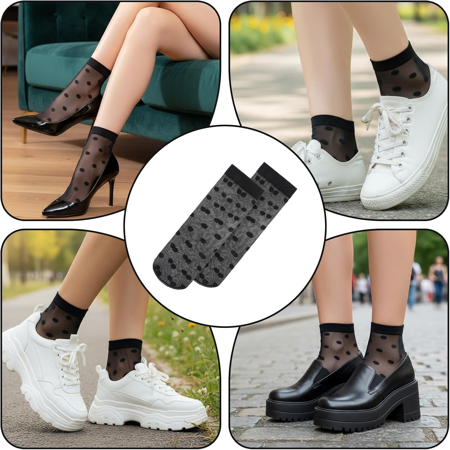 3 Pairs Women Sheer Ankle Socks, Sheer Polka Dot Ankle Dress Socks for Women, Stretchy Breathable Reinforced Toe Nylon Thin Fishnet Mesh Elegant Casual Lace Trouser Sockings (Black) - Image 2