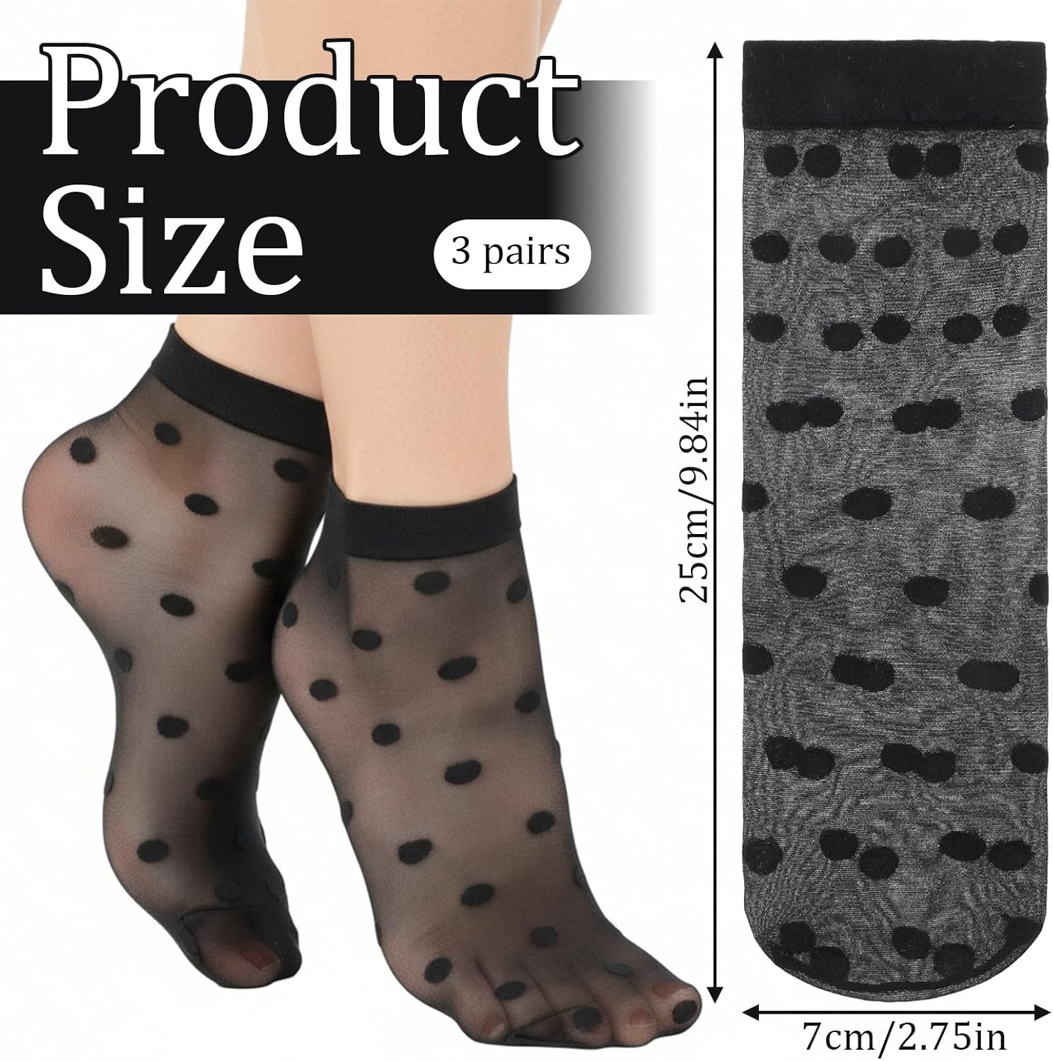 3 Pairs Women Sheer Ankle Socks, Sheer Polka Dot Ankle Dress Socks for Women, Stretchy Breathable Reinforced Toe Nylon Thin Fishnet Mesh Elegant Casual Lace Trouser Sockings (Black) - Image 4
