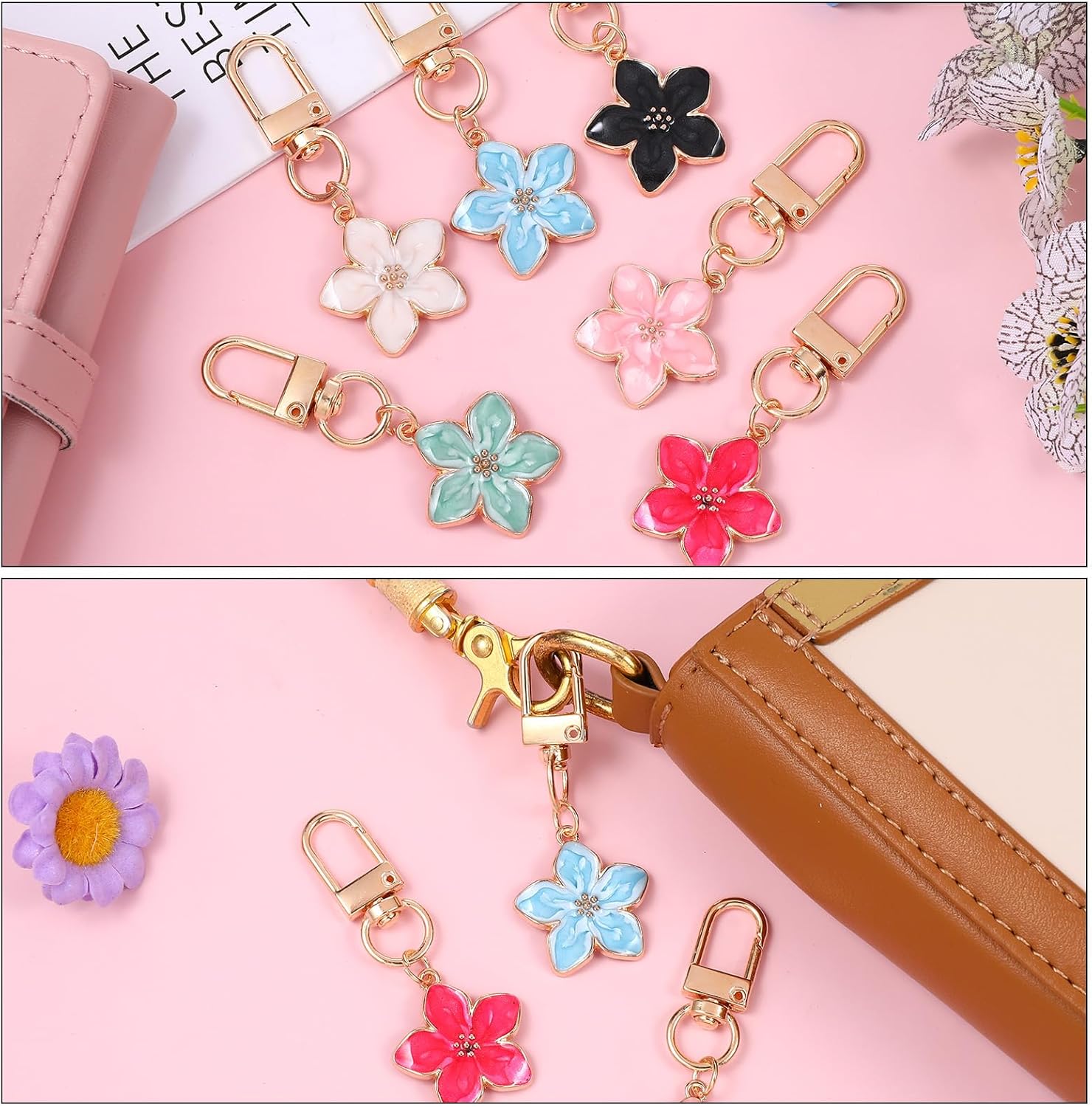 Cute Flower Keychain for Women, 6 Pcs Aesthetic Keychains Purse Charms Zipper Pull Charm Handbag Charms Bag Charms for Handbags Backpack Purse Accessories Car Keys Birthday Valentine Day Gifts - Image 2