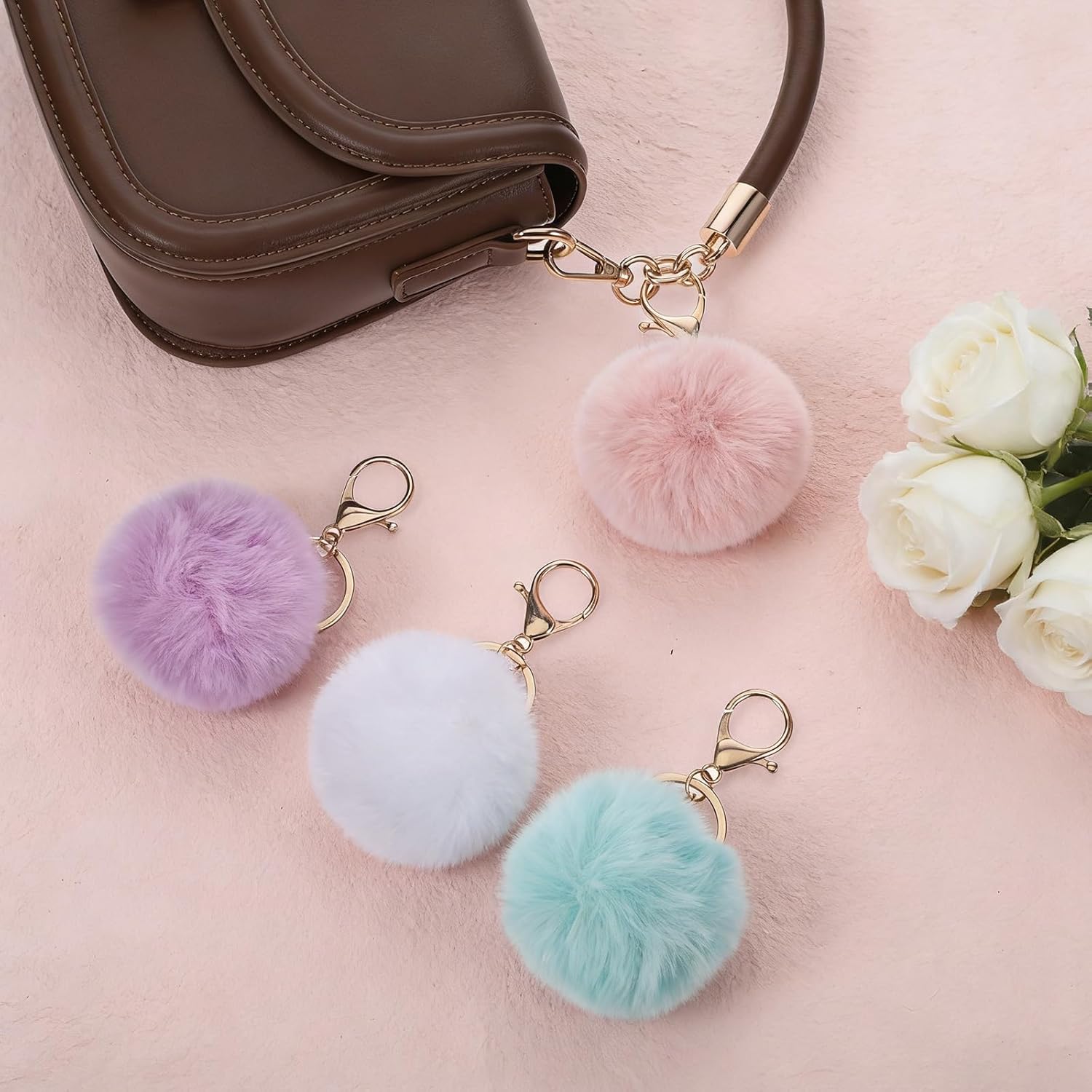 4 Pcs Pom Pom Keychains, Artificial Fur Ball Keychain Charms Ball Keyrings, Soft Fluffy Plush Tote Pendant Pompom Key Chains, Cute Colorful Car Bag Charm Purse Bag Accessories for Women (4 Colors) - Image 2